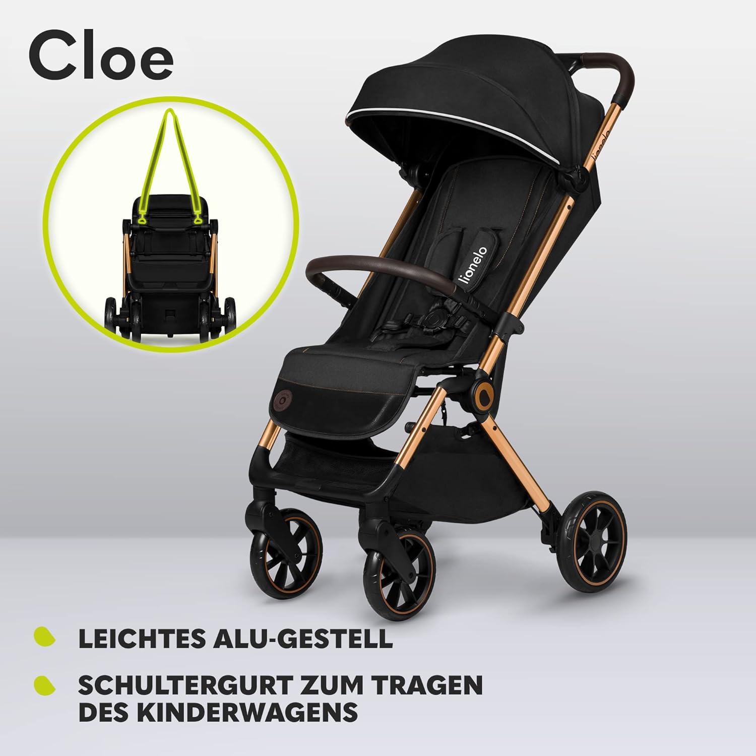 LIONELO Cloe Passeggino Pieghevole fino a 22 kg, Schienale Reclinabile Funzione Nanna, Imbracatura a 5 Punti Grandi Ruote Girevoli Zanzariera Porta Biberon Leggero Compatto Impermeabile (Grigio)