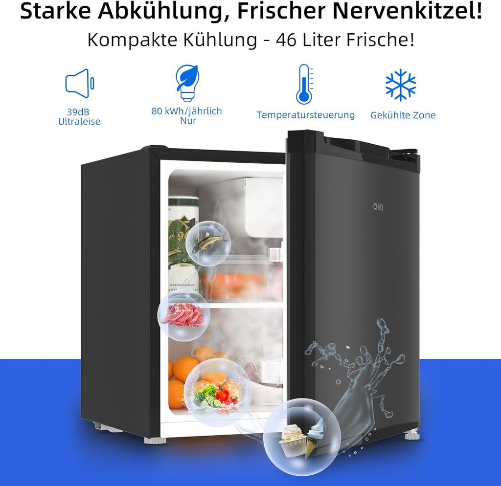 CHIQ Mini Bar Fridge 46 L, Mini Fridge, 49.6 x 47.4 x 44.7 cm (H x W x D), E Energy Consumption 80 kWh per Year, Very Quiet 39 dB