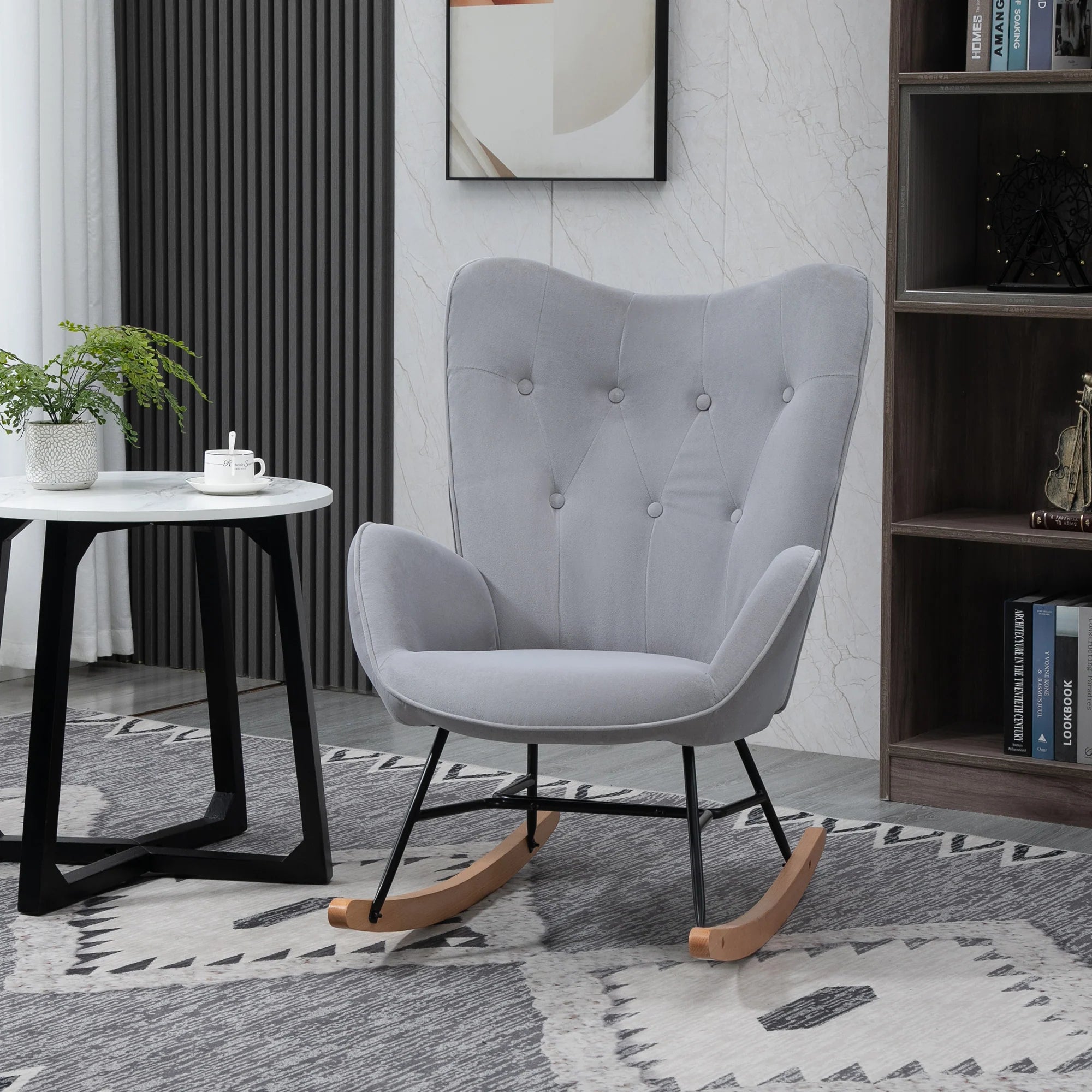 HOMCOM Sedia a Dondolo in Velluto con Schienale Alto Stile Scandinavo Grigio Chiaro