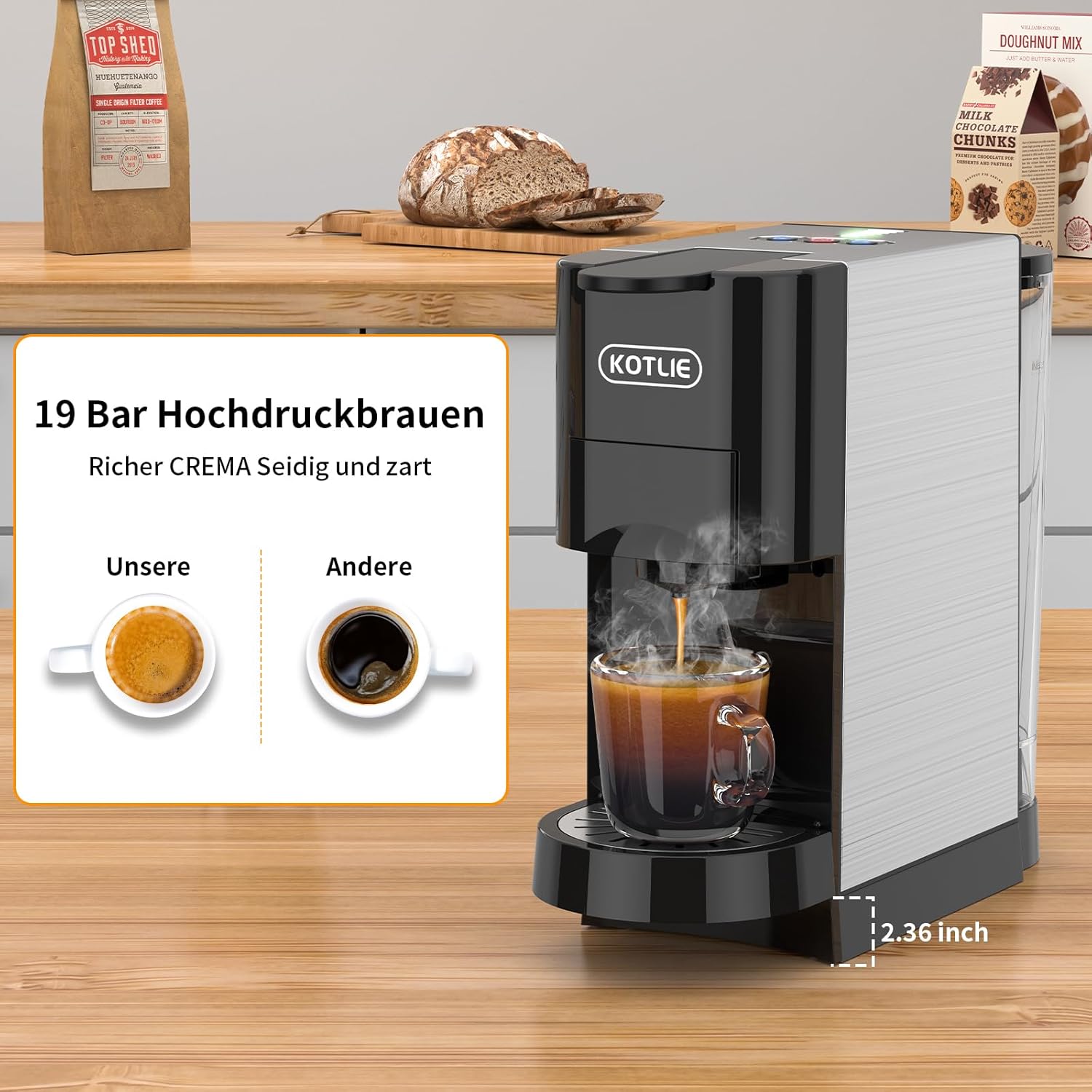 KOTLIE AC-513HF 5 in 1 Kaffeemaschine für NES/DG/a modo mio/Gemahlener Kaffee/ESE(44mm), Höhe für große Tassen (Schwarz)