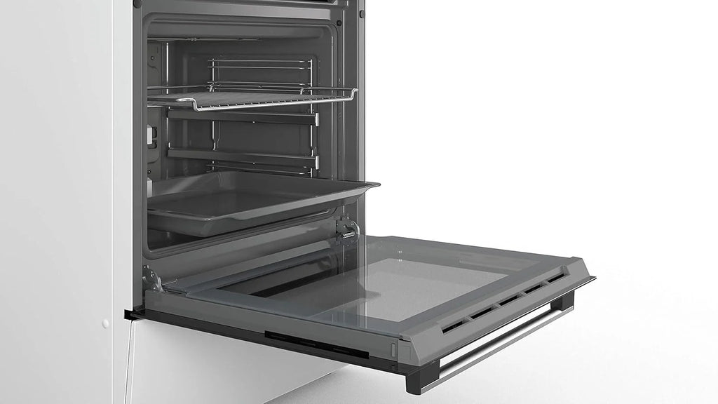 Bosch HKR39C250 Serie 4 Cucina Elettrica Indipendente, 60 cm di larghezza, Pulizia EcoClean Direct, Cottura a Ventilazione 3D su 3 livelli, Controllo con Display LED, Zona di cottura espandibile per pentole grandi