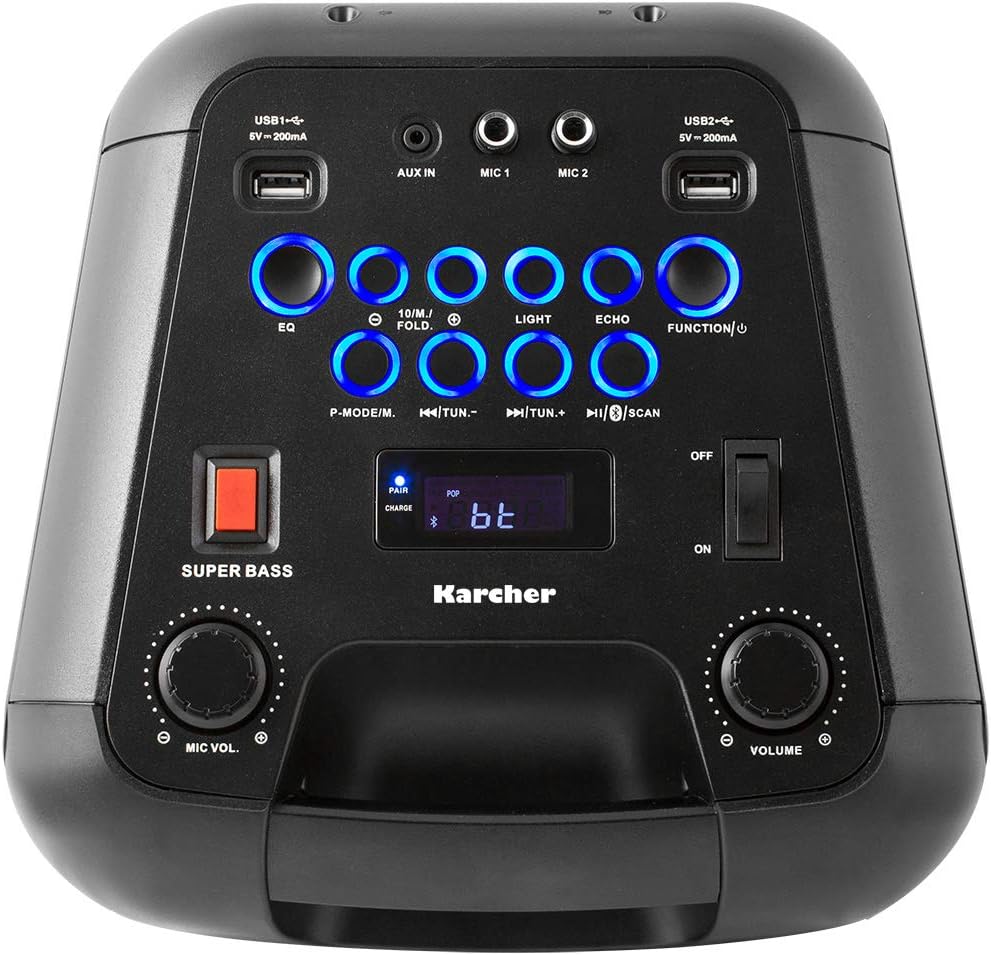 Karcher PS 4460 PartyBox nero, Altoparlante Bluetooth portatile grande, Party Musicbox con bassi potenti ed effetti di luce, Cassa mobile a batteria, con radio, USB, incluso microfono