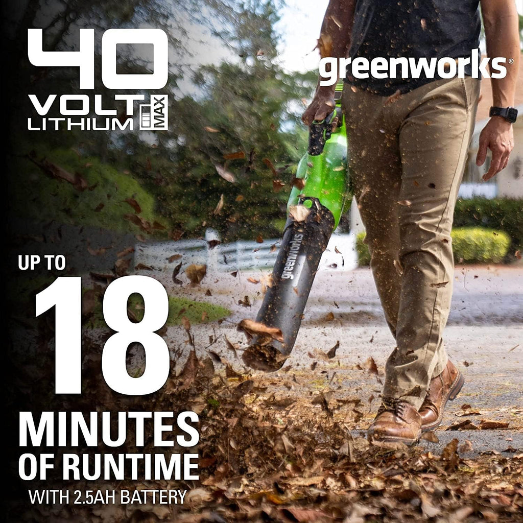 Greenworks GD40ABK2X Axial Akku Laubbläser mit bürstenlosem Motor, 210 km/h, 15,6 m³/min, zwei 40V 2Ah Akkus & Ladegerät, 3 Jahre Garantie