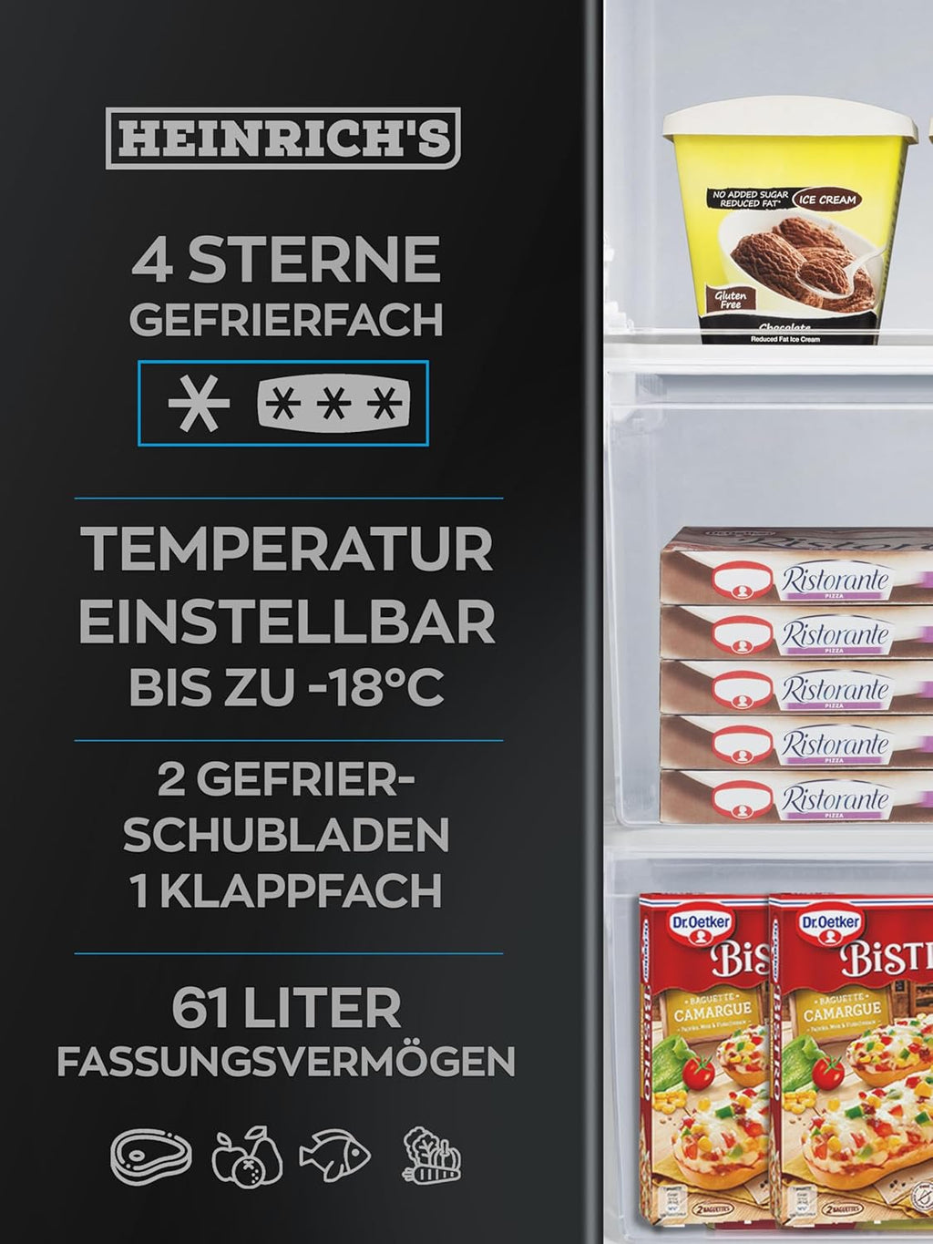 Congelatore Heinrich 61 litri -18°C, 3 cassetti congelatore, regolatore temperatura a 7 livelli, Airflow, porta reversibile, bianco