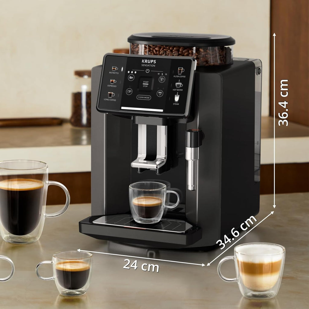 Krups Sensation Macchina da Caffè Automatica, Lancia Vapore, 5 Bevande, Funzione Caffè Filtro, Funzione 2 Tazze, Caffettiera, Nero, EA910810