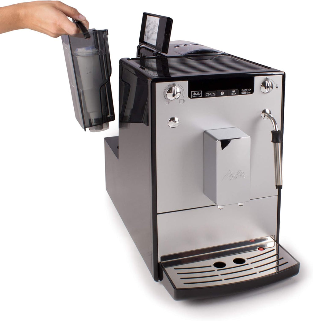 Melitta Solo & Milk - Macchina da caffè completamente automatica compatta con montalatte, con serbatoio dell'acqua rimovibile, per es. caffè o cappuccino, argento