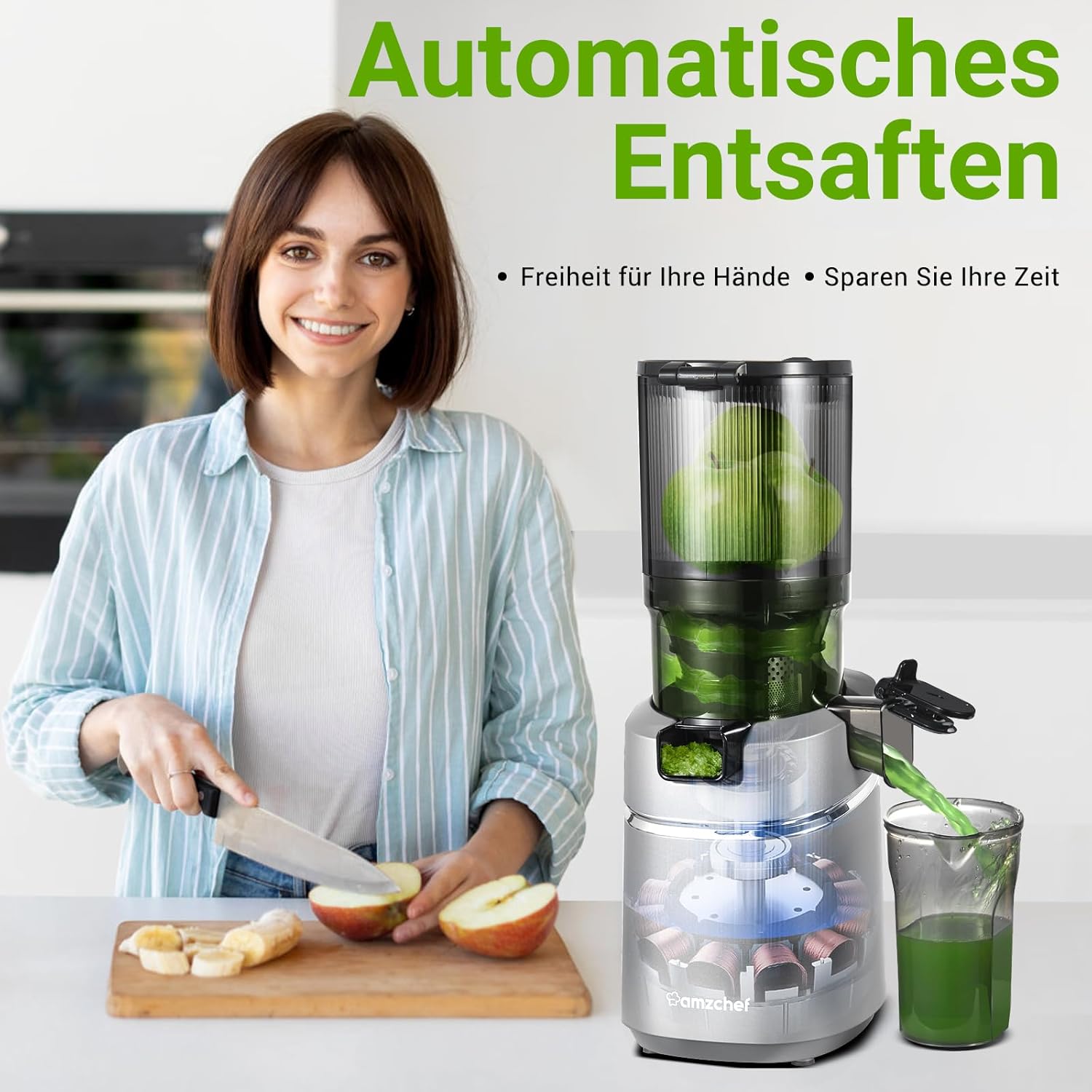 AMZCHEF Estrattore di Succo Automatico Tutto in Uno, Apertura da 135MM e Spremiagrumi da 1,8L per Frutta e Verdura, Estrattore di Succo Lento 250W Vincitore del Test con Triplo Filtro - Nero