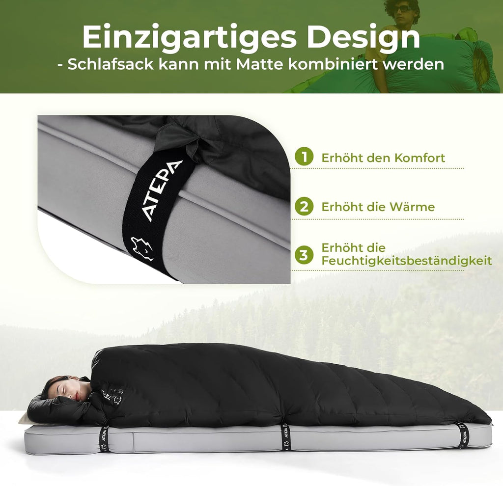 ATEPA Daunenschlafsack Winter Outdoor,Daunenschlafsack, Übergröße Ultraleichter, 3 Jahreszeiten Warm, XXL Leichtgewicht, großartiger Komfort, Ideal für Rucksacktouren Erwachsene Camping, Wandern