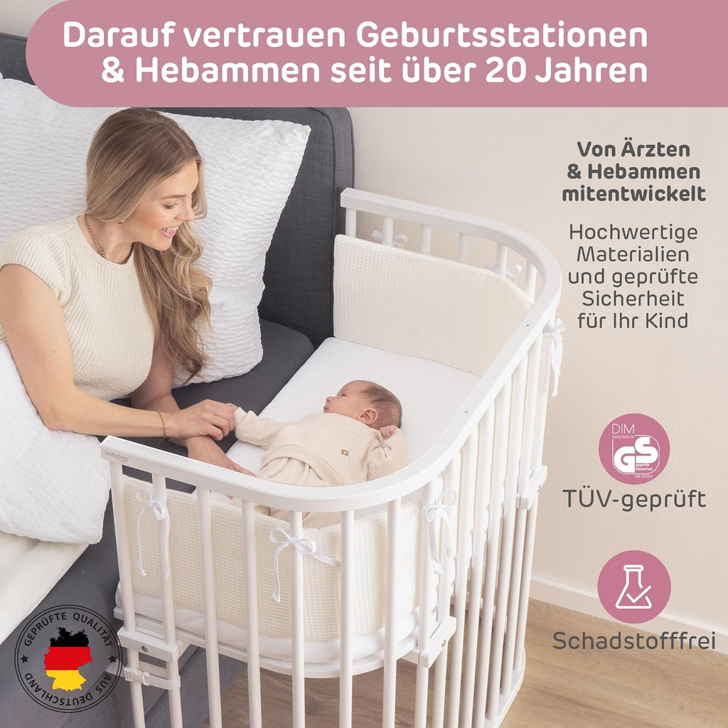 babybay Original Lettino da affiancare in massello di faggio / compatto e trasformabile / Altezza regolabile senza livelli preimpostati ed ecologico / Lettino evolutivo (laccato bianco) / Materasso incluso