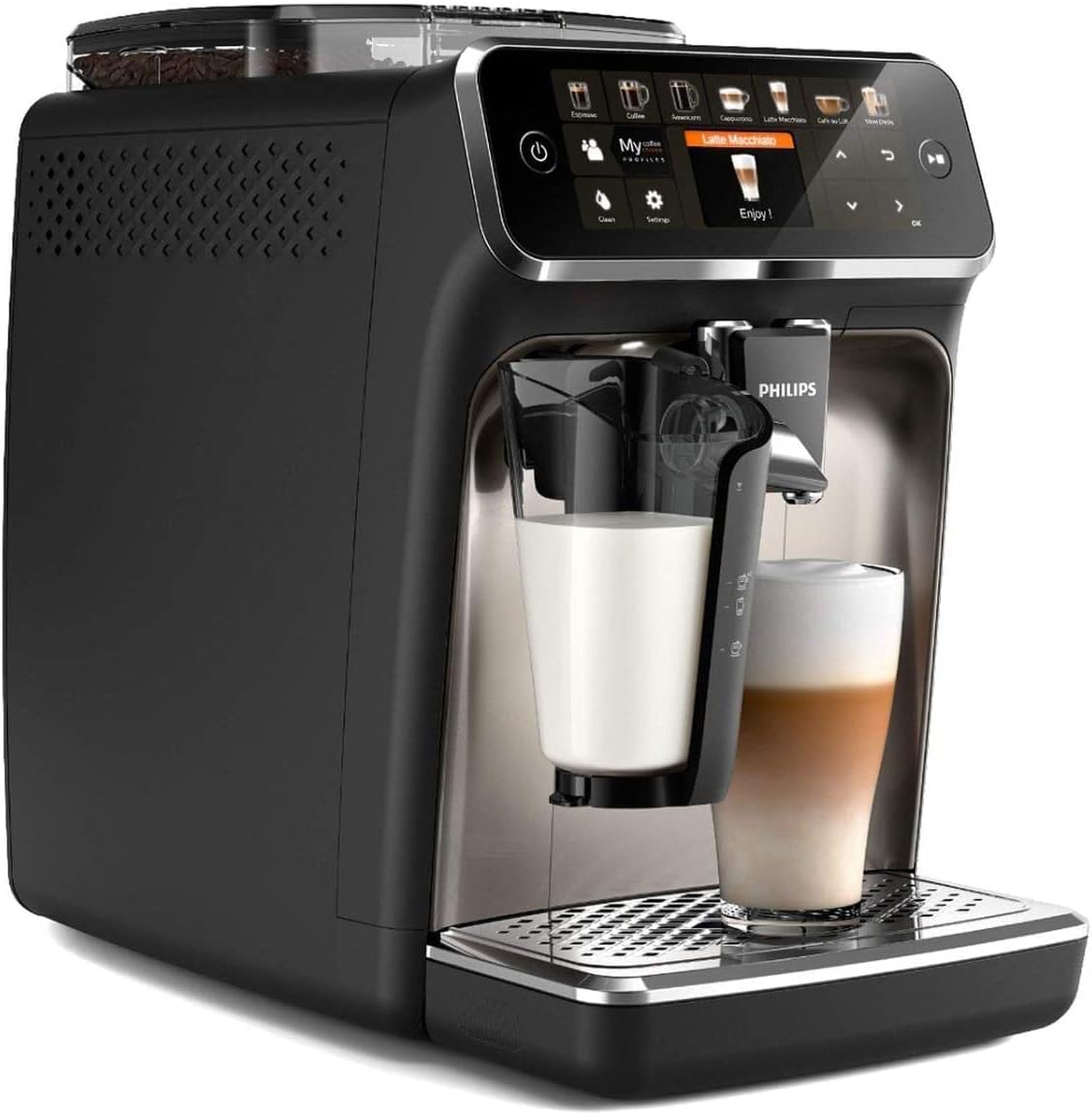 Philips Serie 5400 Macchina da Caffè Automatica – Sistema LatteGo, 12 Bevande a Base di Caffè, Display Intuitivo, 4 Profili Utente, Cromo (EP5447/90)