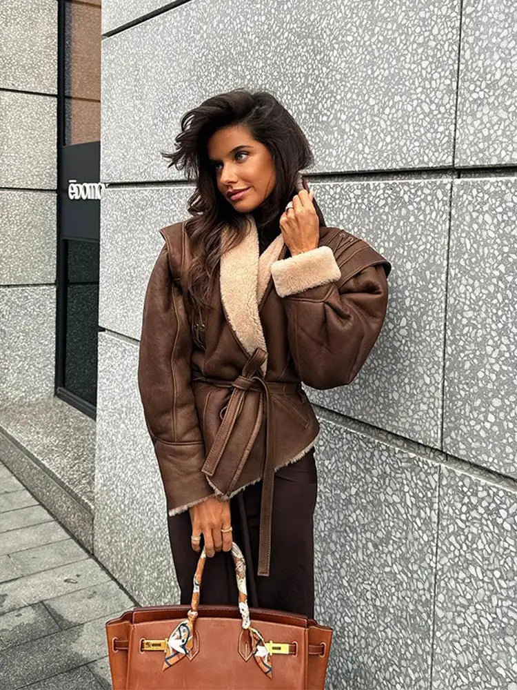 Brown Leather Jacket With Fur And Belt
