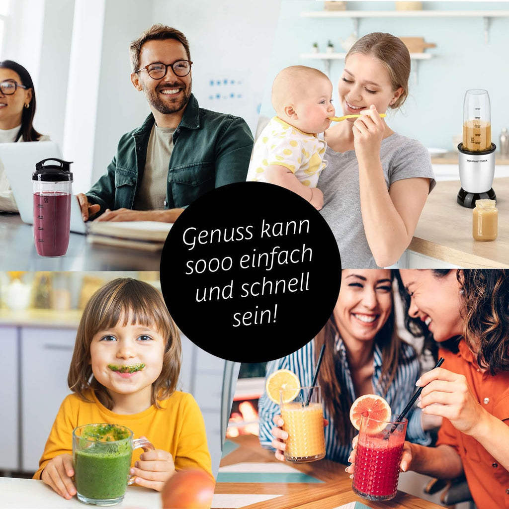 GOURMETmaxx Frullatore per Smoothie e Frullatore a Immersione Set da 18 pezzi - 400W | Frullatore Elettrico da 750ml, Mixer con 4 Bicchiere To-Go, 2 Lame, Spremiagrumi, Piedistallo e Coperchio | Lavabile in Lavastoviglie, a Prova di Perdite e Senza BPA