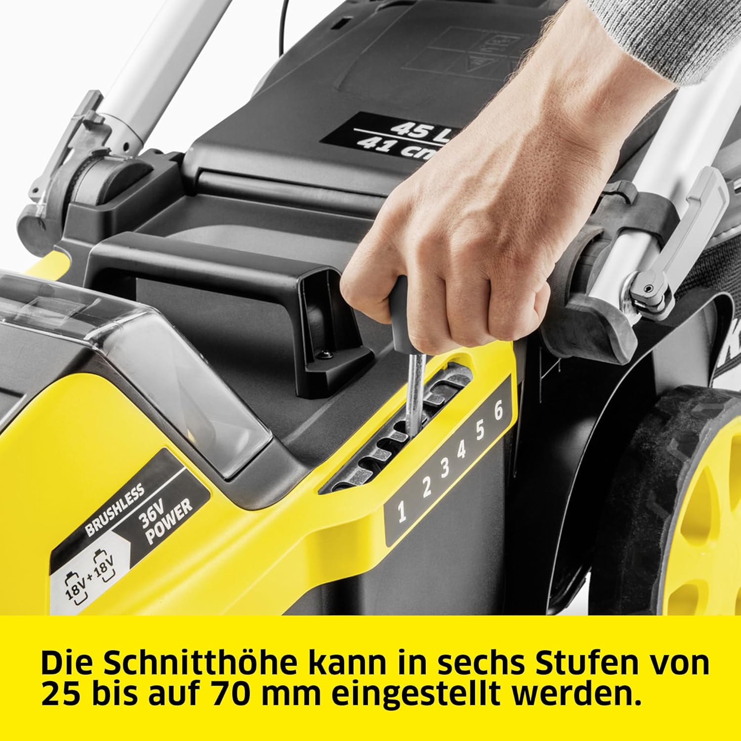 Kärcher Akku-Rasenmäher LMO 2-18, Grasfangbehältervolumen 30 l, 5 stufige Schnitthöhenverstellung 3.500 U/min, ohne Akku und Ladegerät, gelb