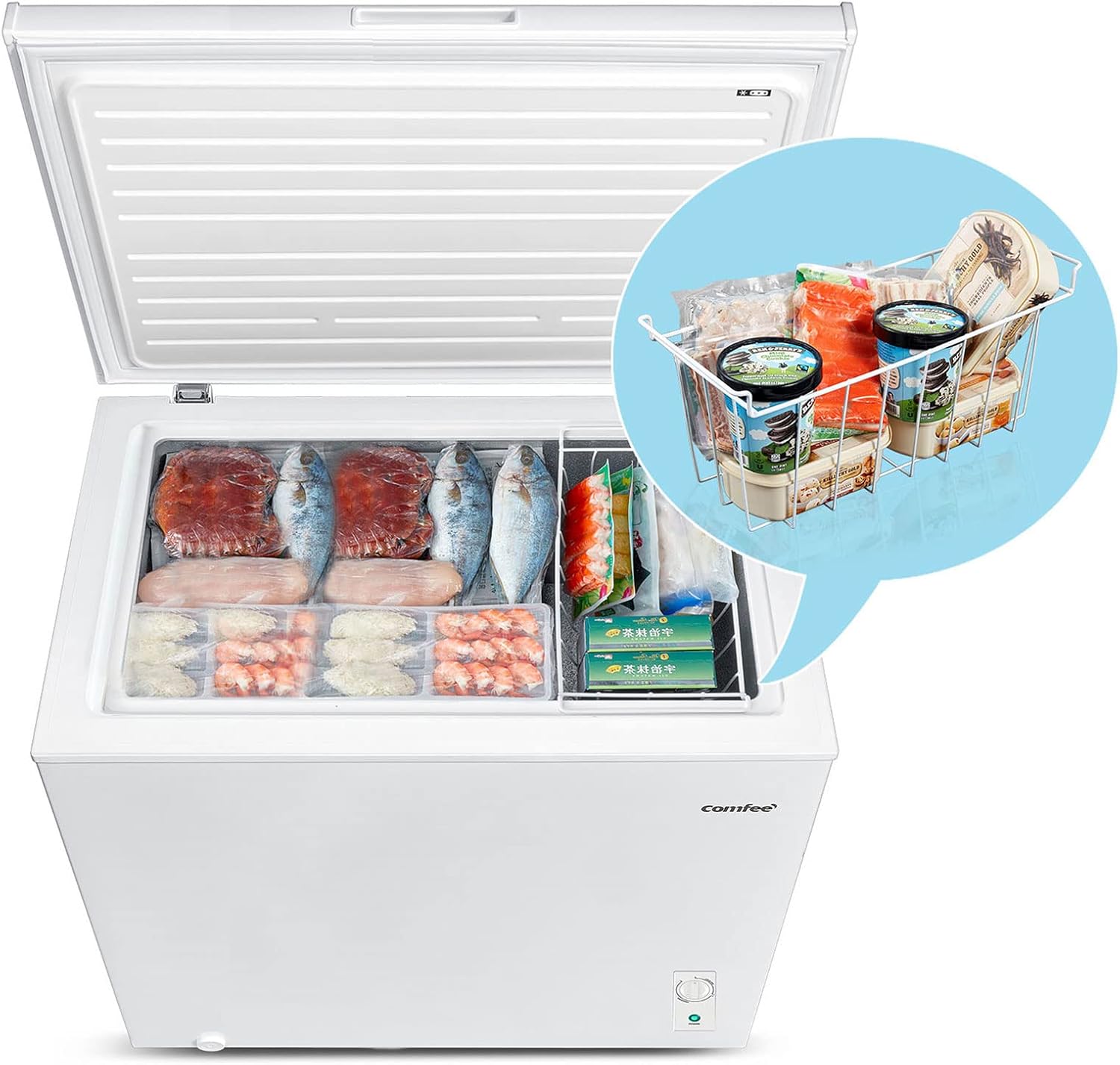 Comfee RCC100WH2(E) Congelatore a Pozzo/169 kWh/anno/85cm di altezza/99L/38dB/Bassa rumorosità/Tubo a D ad alta efficienza/Adatto a diversi scenari d'uso/Regolatore di temperatura regolabile/Bianco