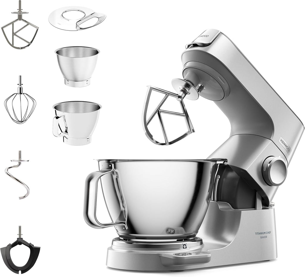 Kenwood Titanium Chef Baker KVL85.424SI Robot da cucina con bilancia integrata, incl. set pasticceria da 4 pezzi, ciotole da 7 L e 5 L, regolazione continua della velocità, 1200 W, Argento