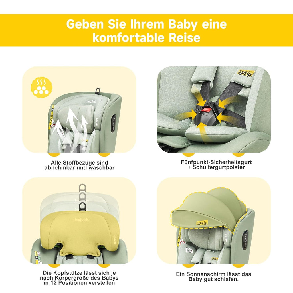 Jovikids 360° Drehbar Kindersitz mit ISOFIX, i-Size 40-150cm(ab Geburt -12 Jahre) Baby Autositz Reboarder mit Liegefunktion & Abnehmbar Vordach, ECE R129 (blau)