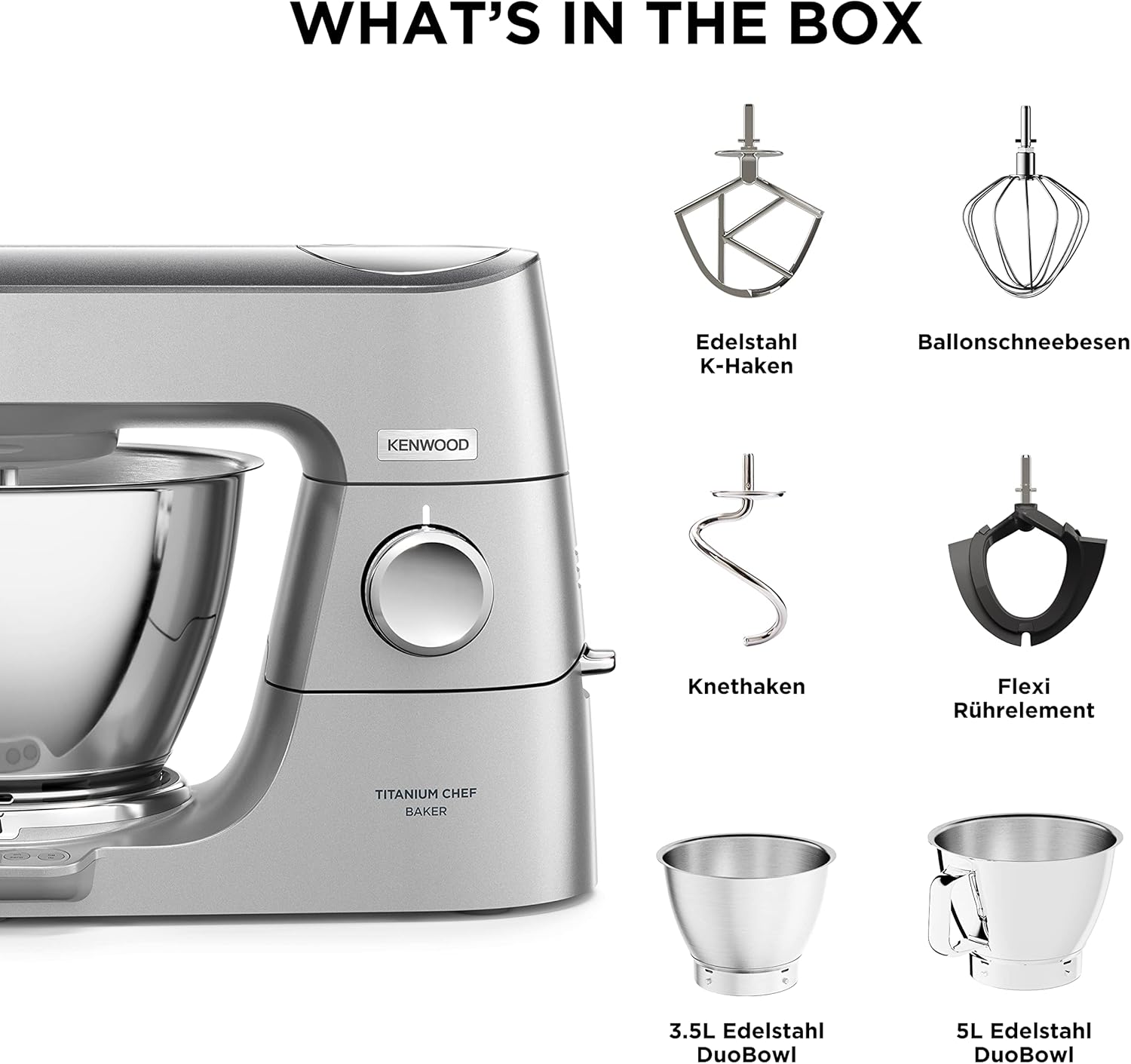 Kenwood Titanium Chef Baker KVL85.424SI Robot da cucina con bilancia integrata, incl. set pasticceria da 4 pezzi, ciotole da 7 L e 5 L, regolazione continua della velocità, 1200 W, Argento