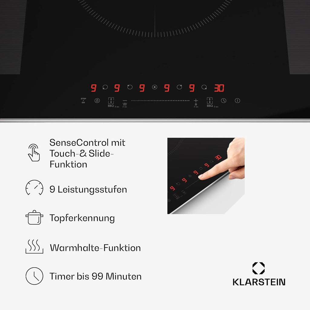 Klarstein Piano Cottura a Induzione, Piano Cottura in Vetroceramica, con 4 Piastre, Incasso con Display Touch, Display Digitale e Funzione Timer, Riscaldamento Veloce, 7000 Watt