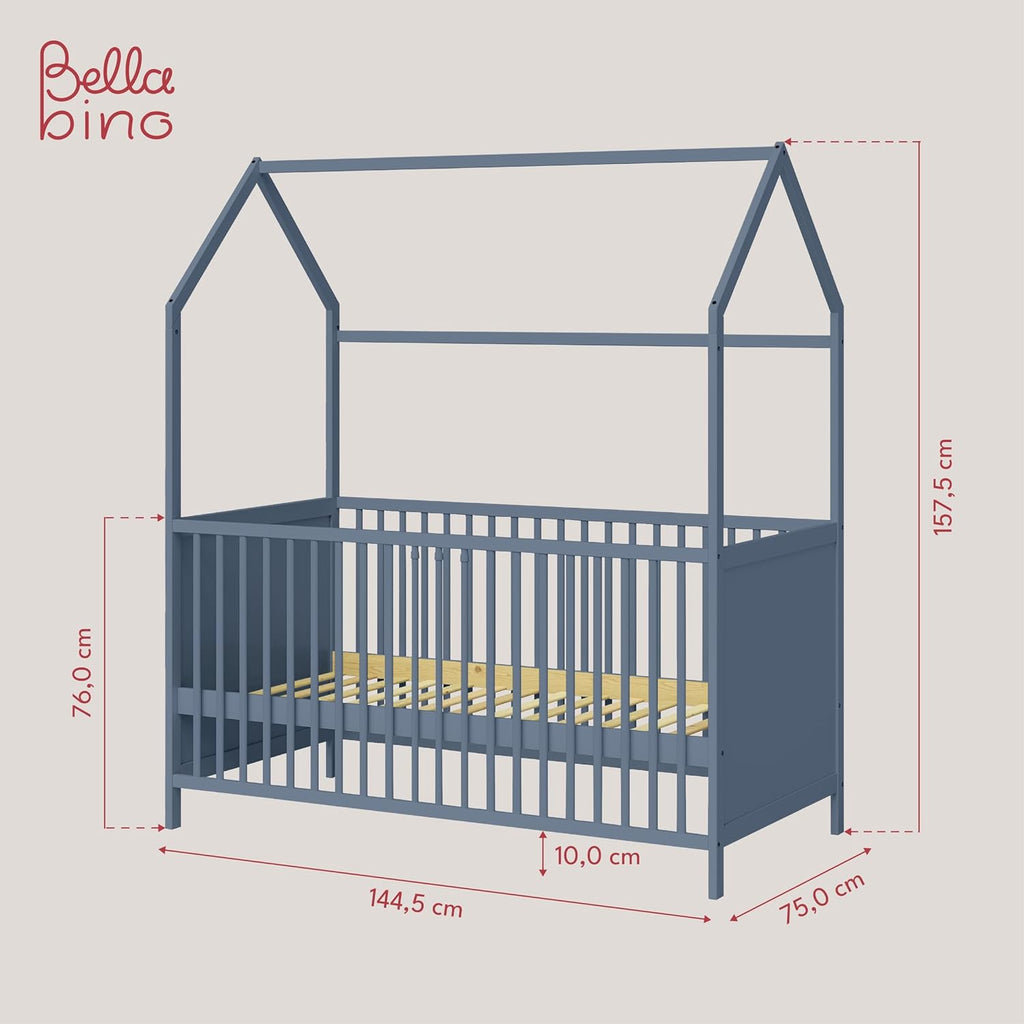 Bellabino Nika Lettino a capanna 70 x 140 cm, letto con sbarre e lettino a capanna per bambini e neonati in pino massiccio bianco, regolabile in altezza su 3 posizioni, incl. rete a doghe