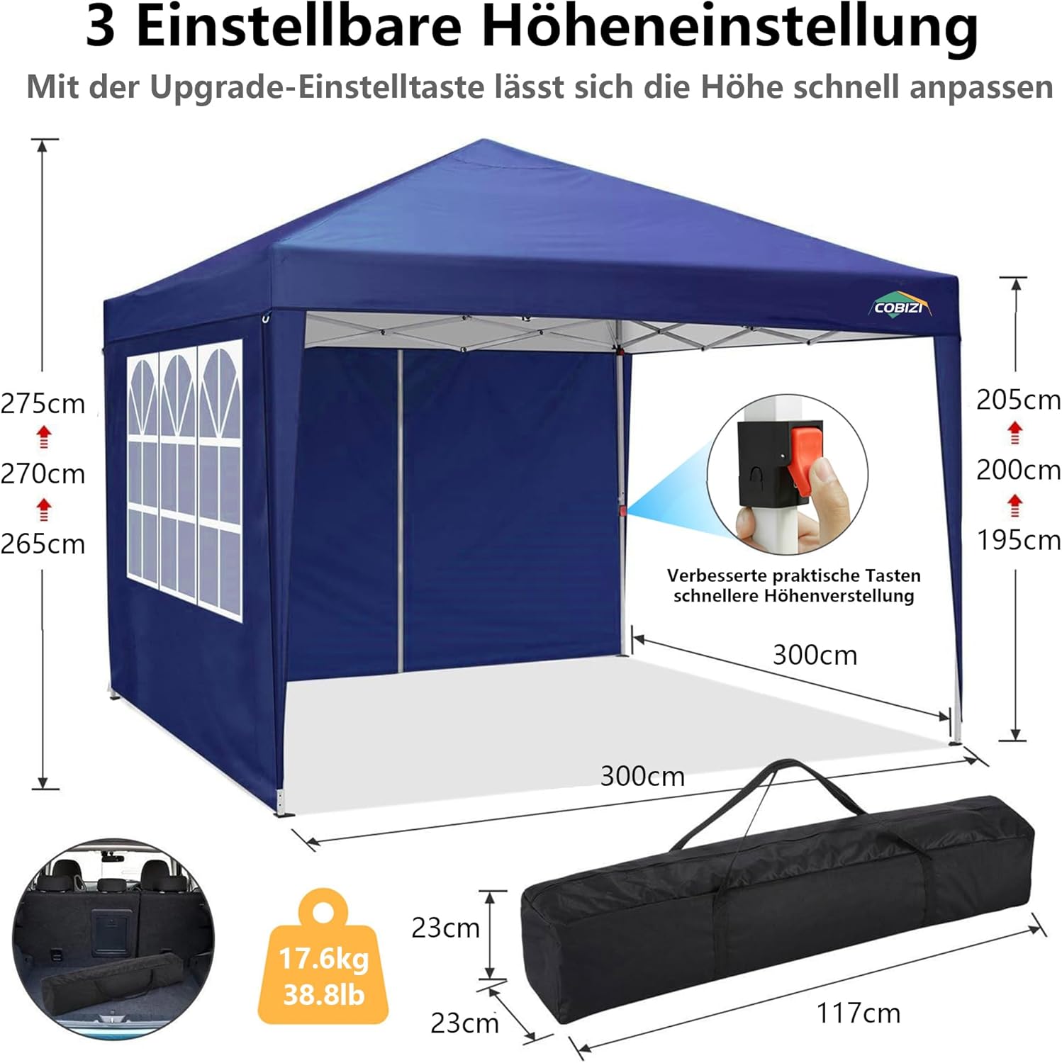 COBIZI Gazebo Pieghevole 3x6 Impermeabile Stabile con 6 Pareti Laterali, Tenda a Padiglione con Tetto a Punta, 3 Altezze Regolabili, Protezione UV, Borsa per Il Trasporto, Picchetti, Corde per Giardino, Matrimoni, Mercati, Eventi all'Aperto