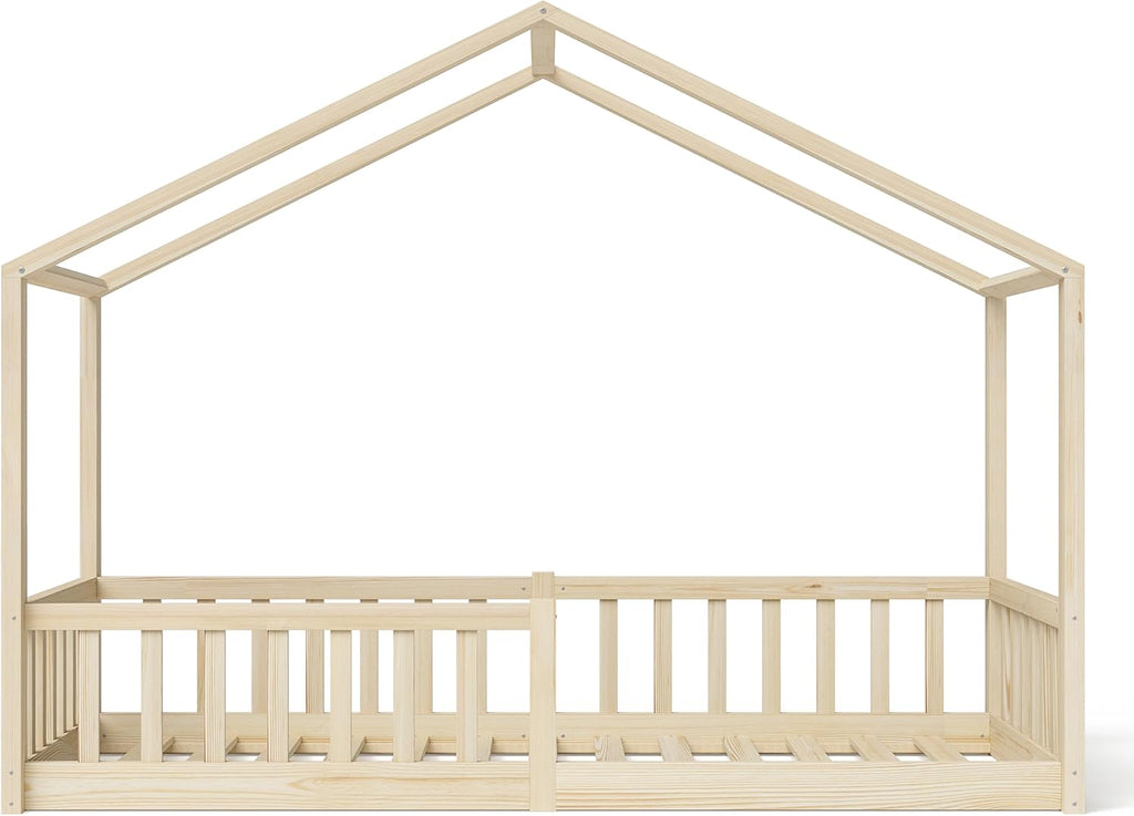 Bellabino Lettino per bambini Bia 140x200 cm, letto a capanna per bambini con protezione anticaduta e rete a doghe arrotolabile, letto a terra Montessori bianco in legno massello di pino
