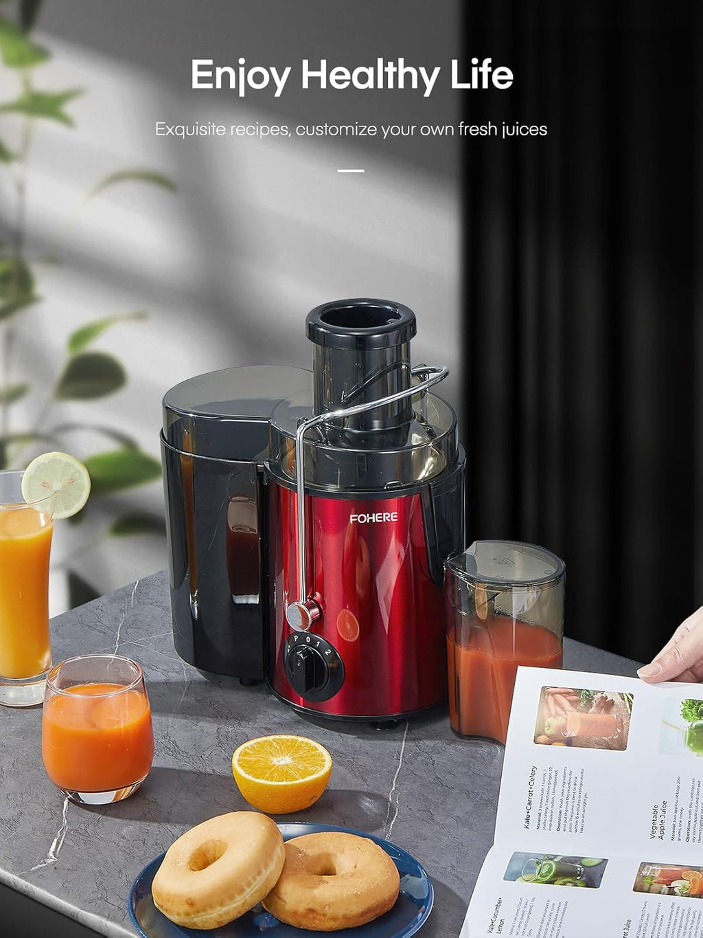 FOHERE Centrifuga per Frutta e Verdura in Acciaio Inox, 400W con Imboccatura Larga da 65 MM e 3 Velocità, Funzione Anti-Goccia e Protezione da Surriscaldamento con Spazzola per la Pulizia, Argento