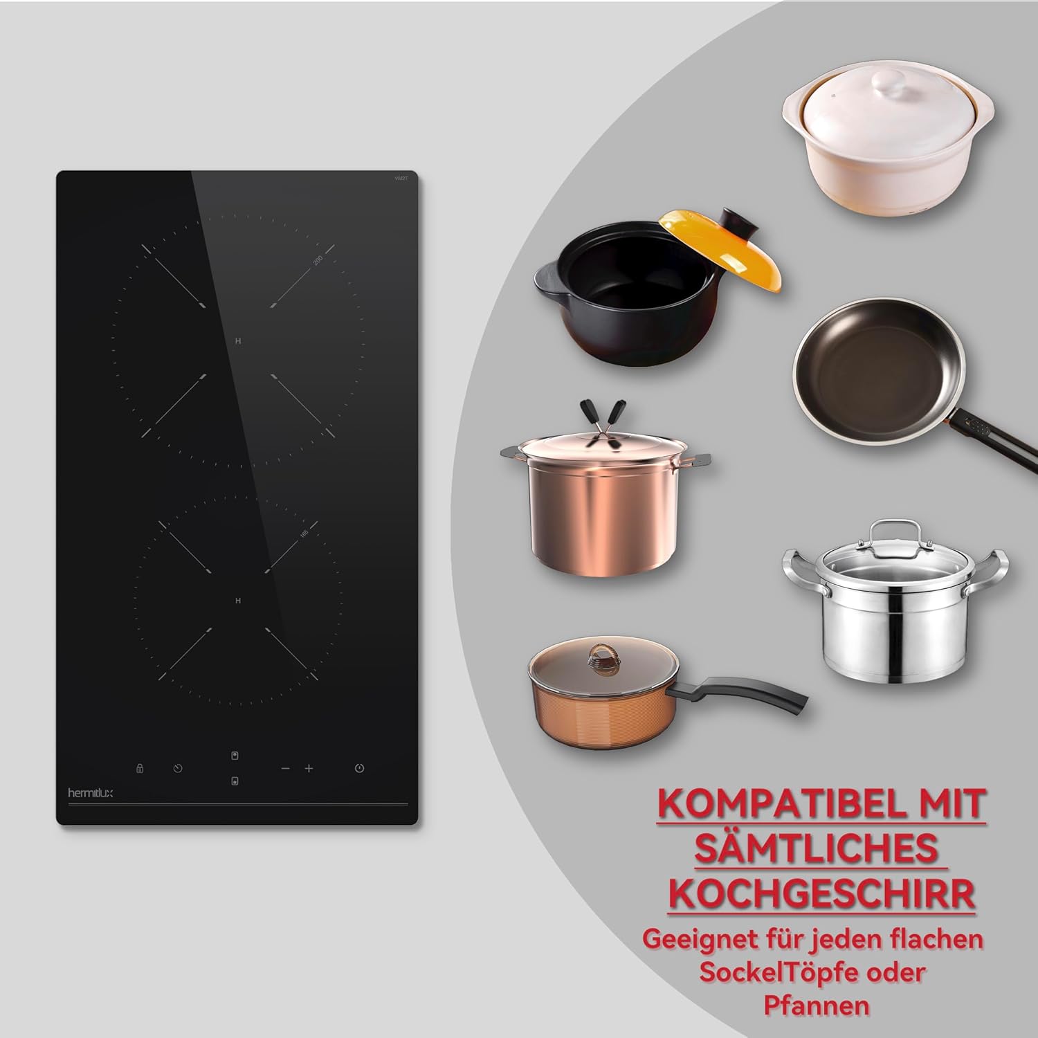 Hermitlux Domino Glaskeramikkochfeld,Eingebaut 29 cm schwarz Glaskeramik elektrisches Kochfeld,9 Leistungsstufen,Sensor-Touch-Steuerung, Kindersicherung, 1-99 Minuten-Timer,Geeignet für Alle Tpfe