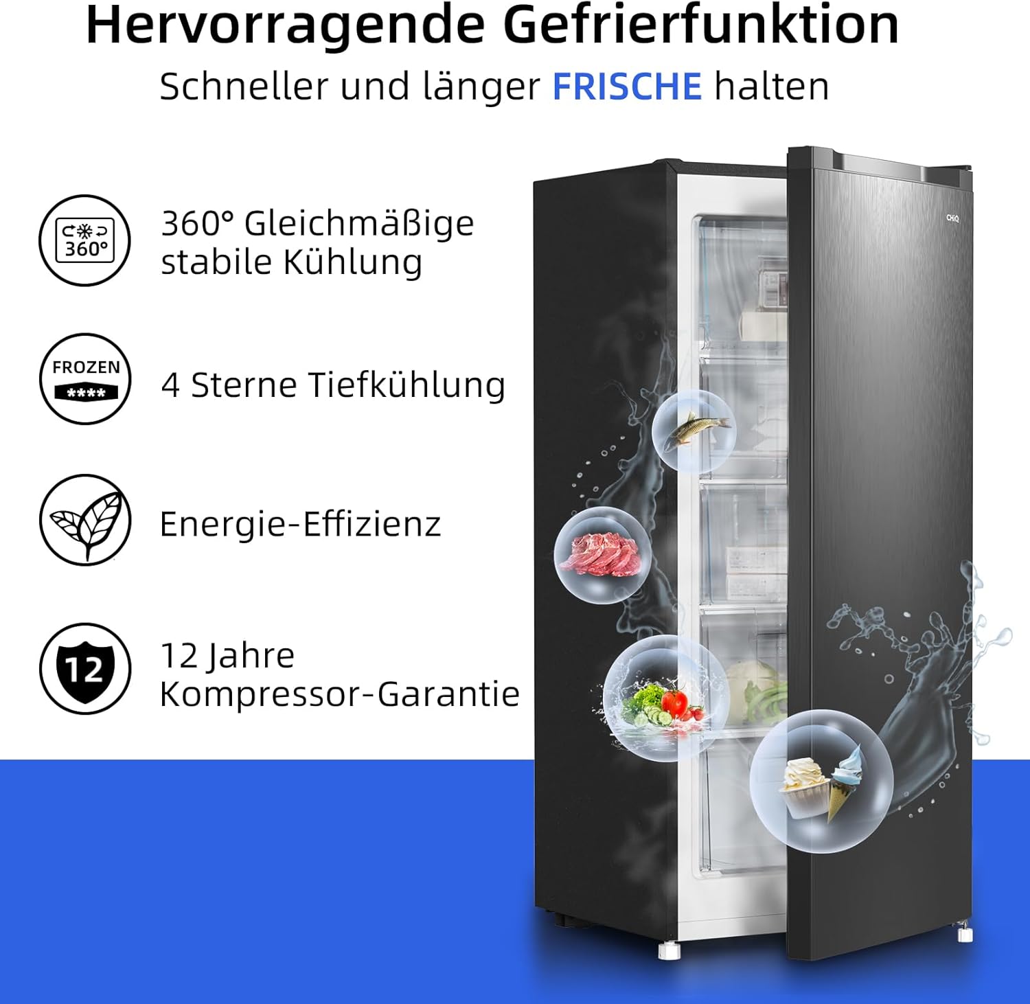 CHiQ FSD166NE4E Congelatore 166 L, Tecnologia No Frost, Porta Reversibile, Acciaio Inox Nero, Altezza 144 cm