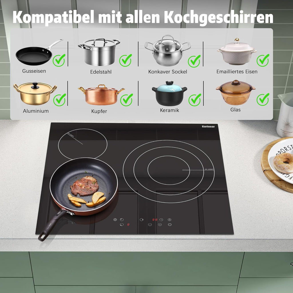 Karinear Einbau-Kochfeld aus Glaskeramik, 4 Kochfelder, mit doppelter ausziehbarer Zone, integrierter elektrischer Tisch mit Touch-Steuerung, Timer, Verriegelung für Kinder, 6600 W