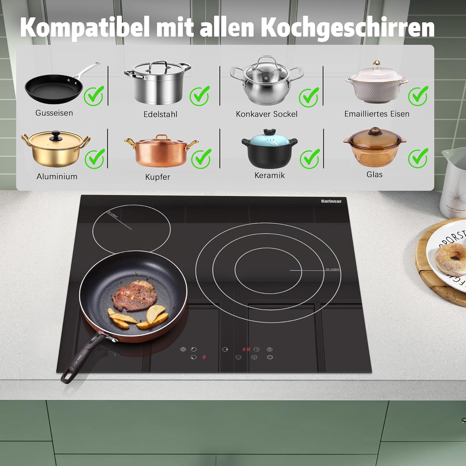 Karinear Einbau-Kochfeld aus Glaskeramik, 4 Kochfelder, mit doppelter ausziehbarer Zone, integrierter elektrischer Tisch mit Touch-Steuerung, Timer, Verriegelung für Kinder, 6600 W