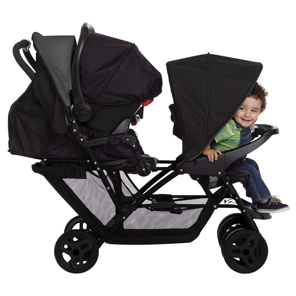 Graco Stadium Duo Passeggino Gemellare, 0-15 kg, utilizzabile anche con seggiolino auto, schienali reclinabili, pieghevole, sta in piedi da solo, ampio cestello portaoggetti, include vassoi portaoggetti, Titanium