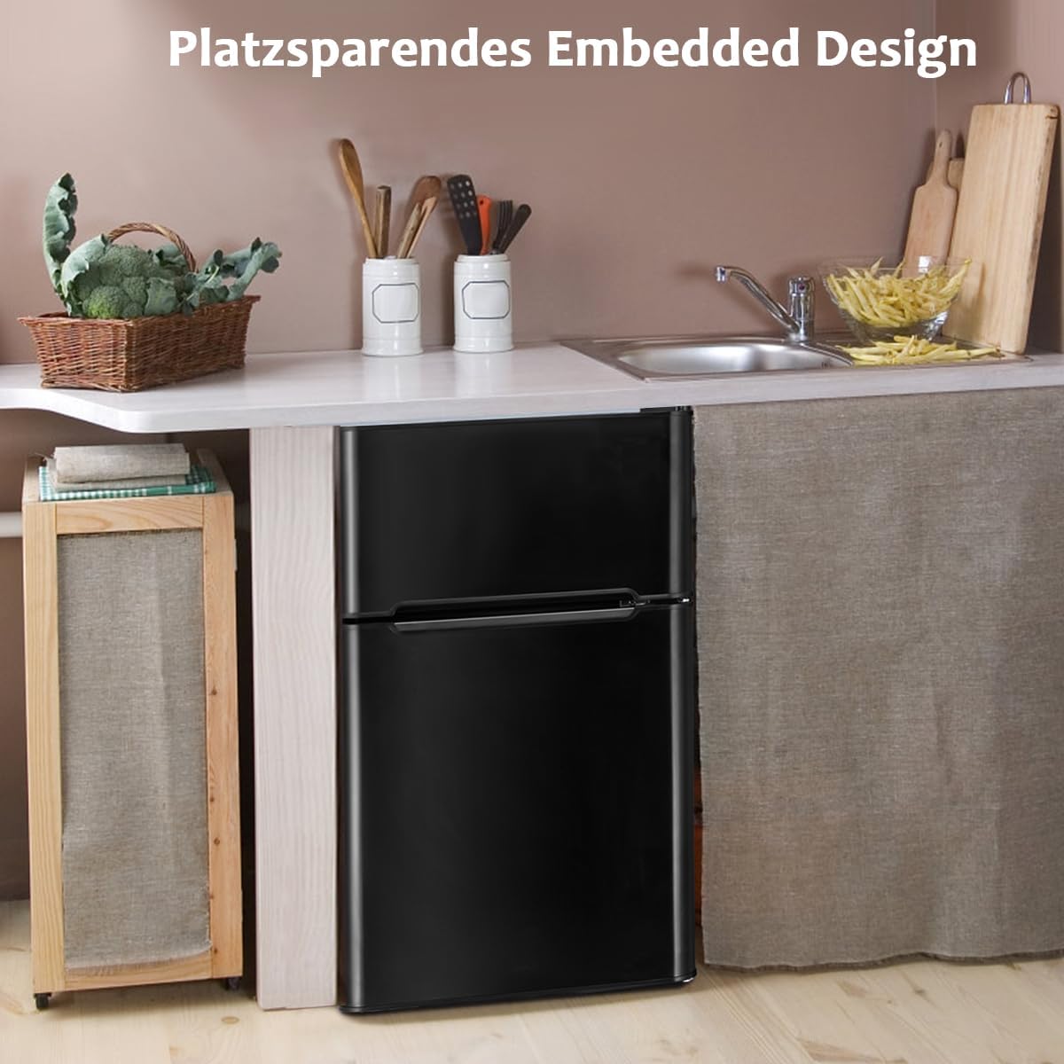 GOPLUS Frigorifero con congelatore - Combinazione frigo-congelatore / Capacità totale 90L, vano congelatore 27L / Termostato regolabile / Illuminazione interna a LED / Cerniera porta reversibile (Bianco)