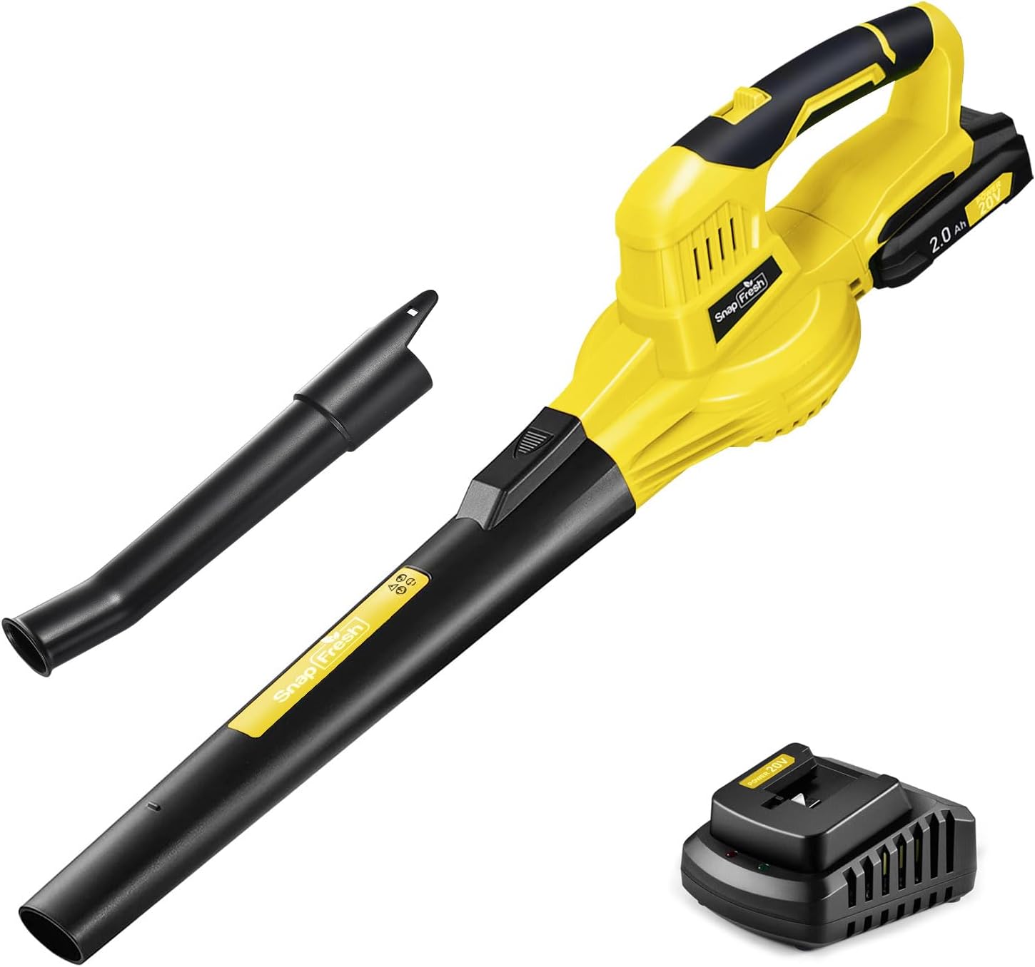 SnapFresh Soffiatore a Batteria 20V, Soffiatore Elettrico Senza Fili con Batteria e Caricabatterie - 210 km/h 240 m/h / 2 Velocità dell'Aria / Leggero Compatto 1,2 kg per Cura del Prato, Giardino, Cortile (Giallo)