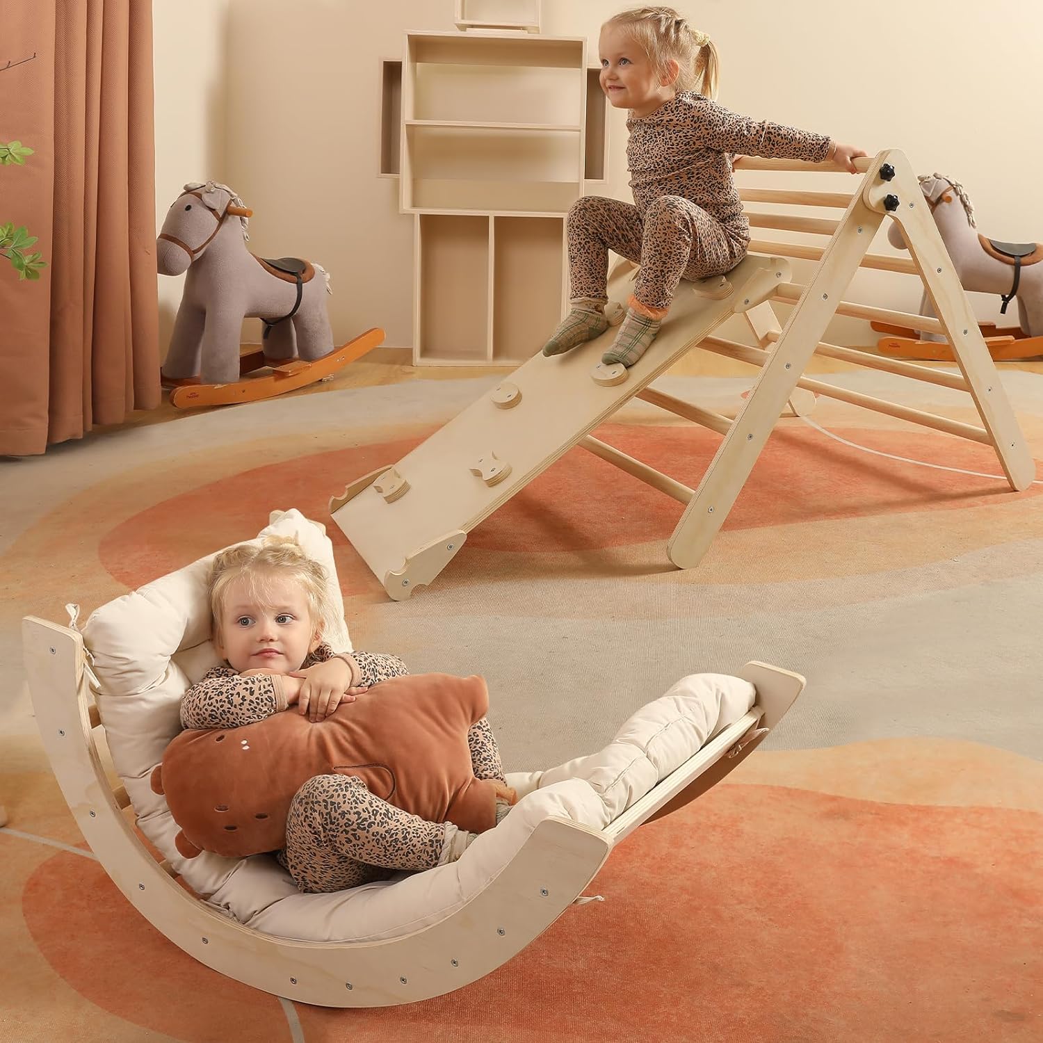 Set di triangoli con cuscino, set da arrampicata Montessori 5 in 1 pieghevole, set da arrampicata per interni per bambini, giocattolo da arrampicata in legno con rampa e arco da arrampicata per bambini (colore legno)