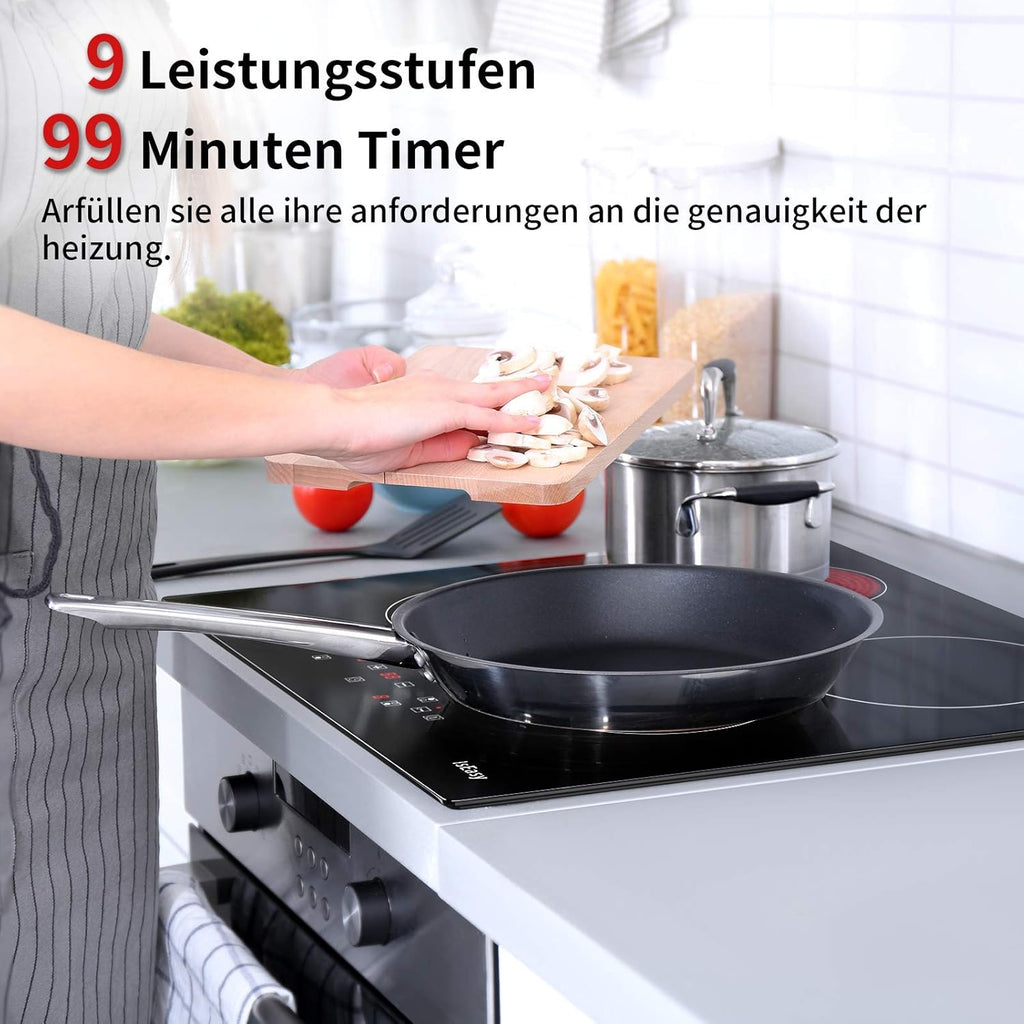 IsEasy 4 Zonen Einbau Induktionskochfeld mit 9 Leistungsstufen &1-99Min Timer, Boost-Funktion, Induktionskochplatte, Induktion Herdplatte mit 4 Platten, 60cm, 6800W, Schwarz
