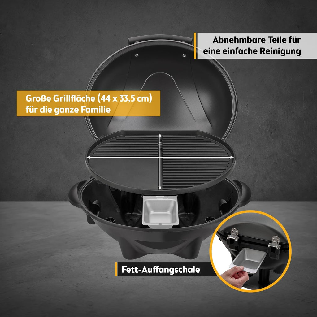 TZS First Austria Grill Elettrico 2in1 – Barbecue Elettrico Pieghevole ed Estremamente Stabile per Balcone – Grill da Tavolo Rimovibile da 2400 Watt con Coperchio, Piedistallo e Ruote, Plastica/Metallo – con Termostato