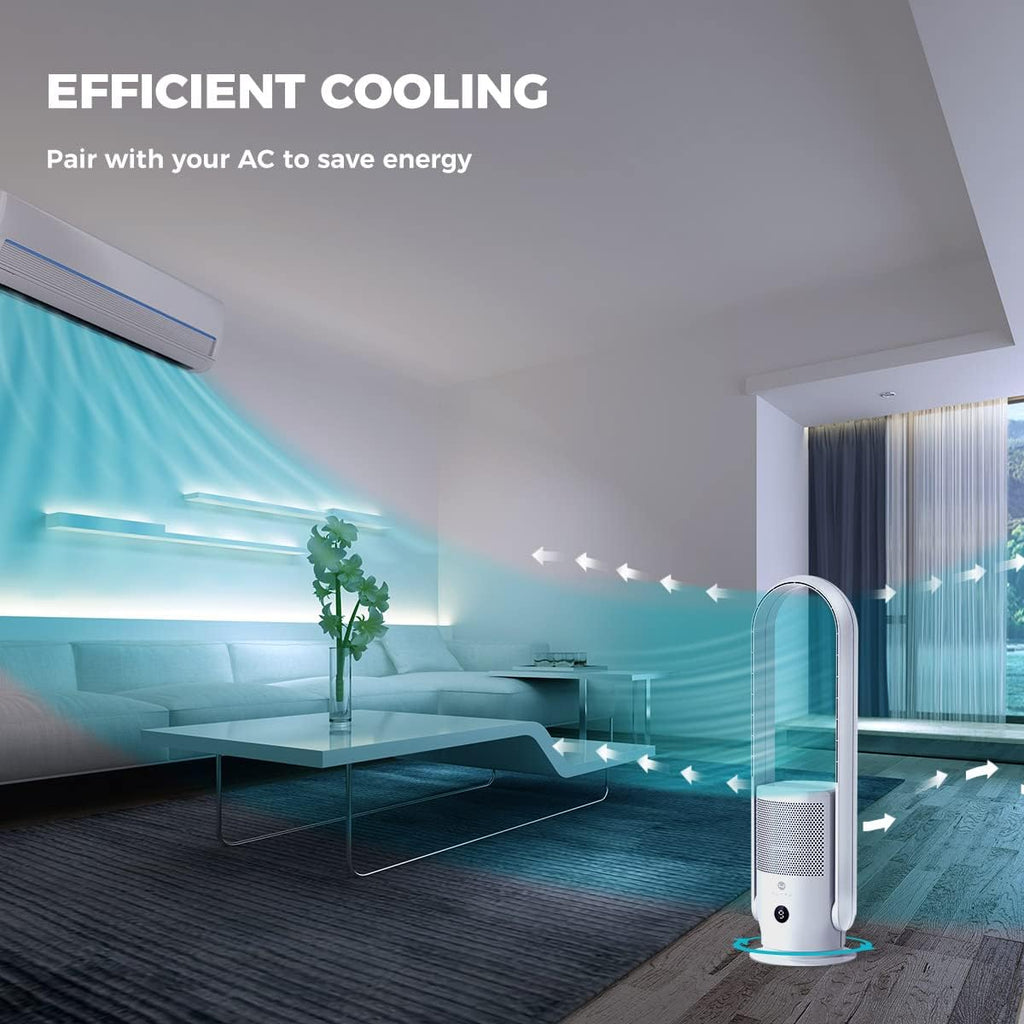 Ventilatore senza pale con purificatore d'aria, ventilatore a torre silenzioso Ultty con telecomando, touch, timer 8H, filtro HEPA 99,97%, ventilatore senza pale oscillante a 90° e alto 80 cm per camera da letto e casa, CR022 Bianco