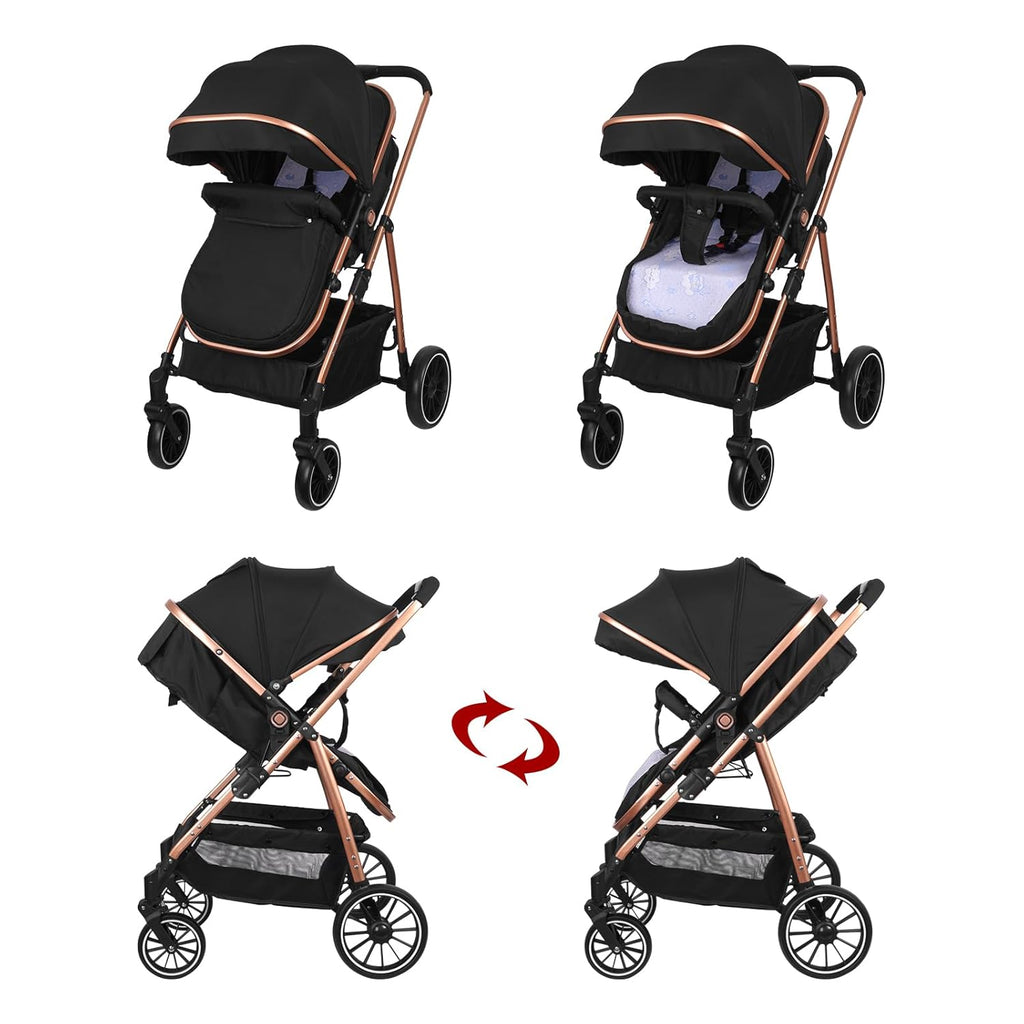 Vinteky 3 in1 Kinderwagen Buggy Kombikinderwagen Reisebuggy Komplett-Set inkl. Babywanne & Buggy Sportsitz & Auto-Babyschale Zusammenklappbar Shwarz
