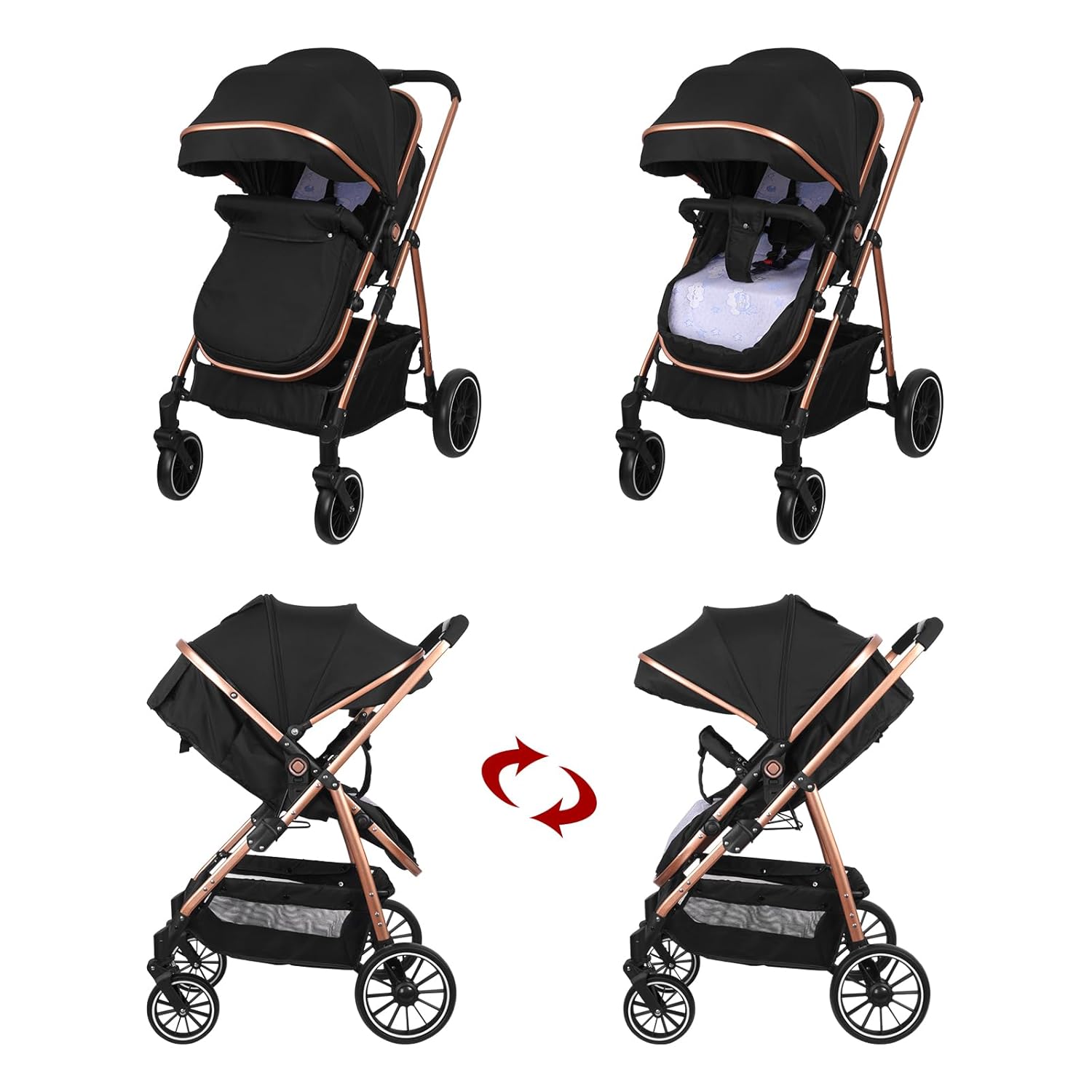 Vinteky 3 in1 Kinderwagen Buggy Kombikinderwagen Reisebuggy Komplett-Set inkl. Babywanne & Buggy Sportsitz & Auto-Babyschale Zusammenklappbar Shwarz