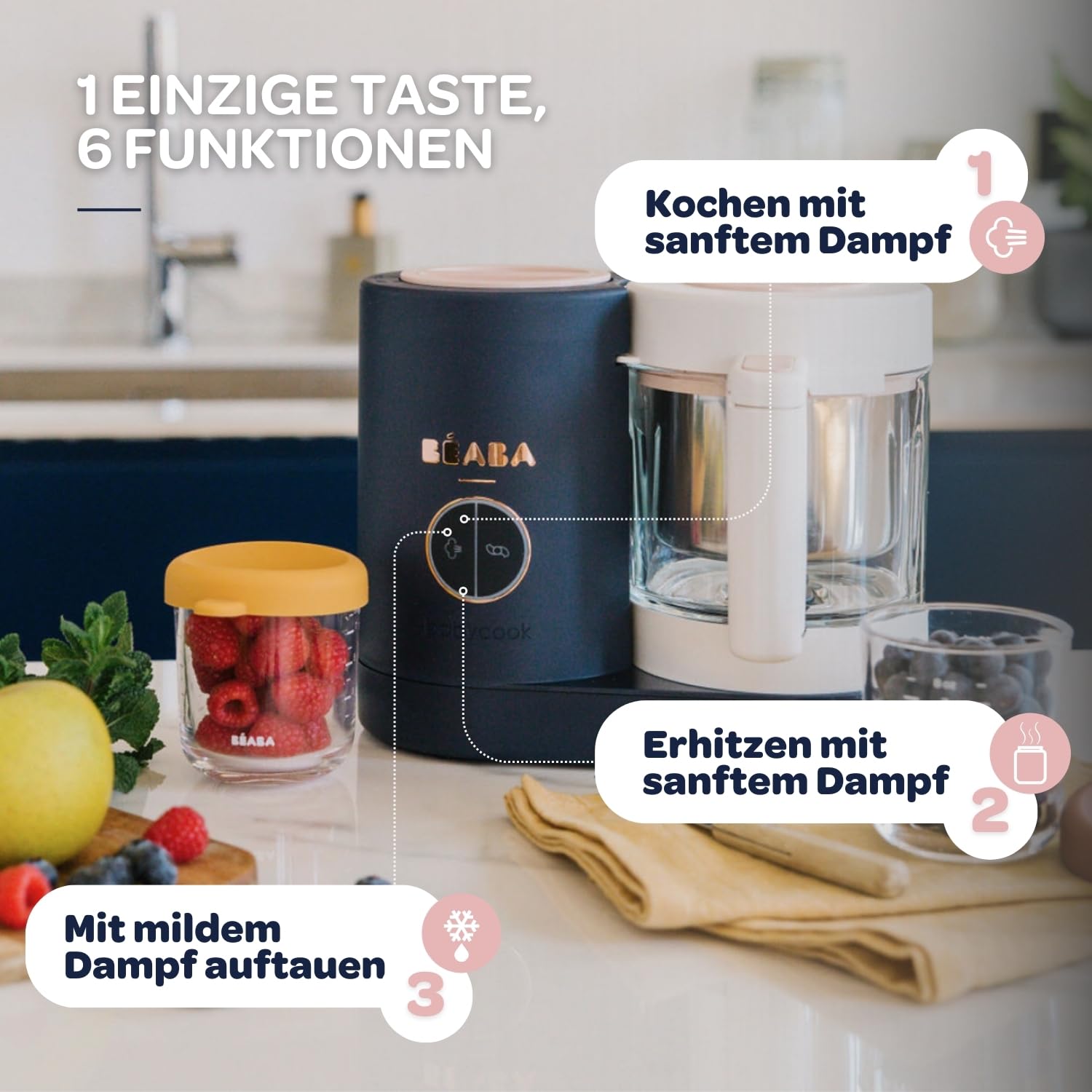 Béaba - Babycook Neo - 6 in 1 Babynahrungszubereiter - Schonender Dampfgarer - Glaskrug und Garkorb aus Edelstahl - Mineralgrau