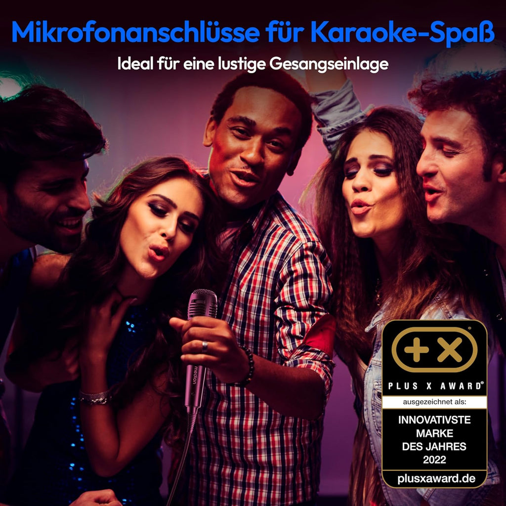 MEDION P61468 Party-Soundsystem (Altoparlante da festa con microfono, karaoke, batteria, radio FM, Bluetooth 5.0, sistema compatto, 2x 220 Watt, LED colorati, USB, AUX, 2x ingressi microfono)