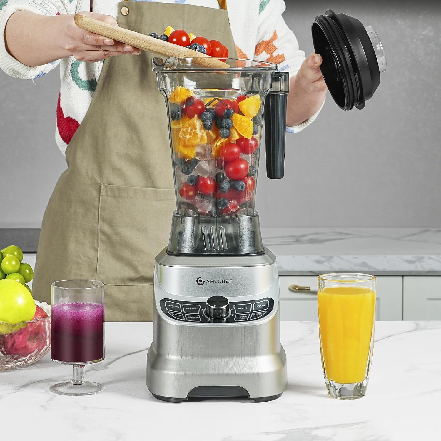 AMZCHEF Frullatore Professionale 2 IN1 con Contenitori da 1850 ml e 600 ml per Due Modalità di Frullatura | Frullatore da Tavolo 2000 Watt con 6 Lame Professionali e 22000 Giri/Min - Grigio Opaco