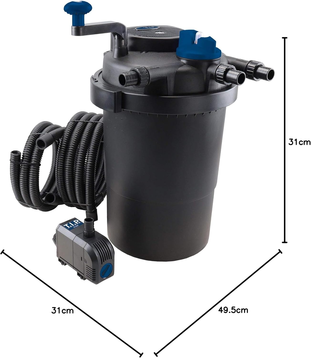 T.I.P. Filtro per laghetto - Set filtro a pressione per laghetto (capacità laghetto 5.000 l, portata 1.500 l/h, UV-C 9 Watt, funzione di controlavaggio integrata, inclusa pompa, lampada UV-C, tubi flessibili, materiale filtrante) TFP 5000 UV 9, 30297