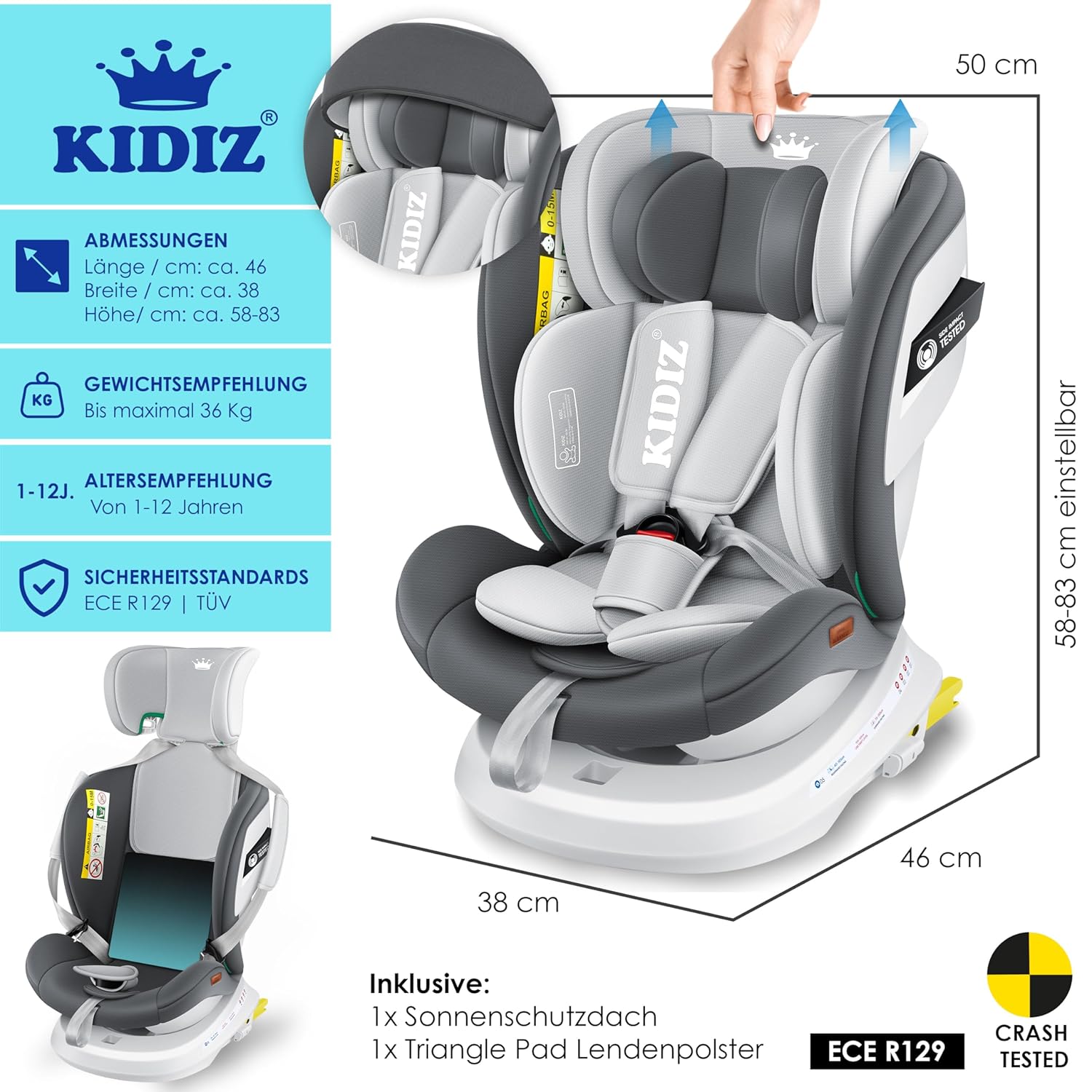 KIDIZ® Kindersitz Baby Autositz Kinderautositz Isofix Top Tether 360° drehbar Gruppe 0/1/2/3 ab Geburt 0-36kg Mit Sonnenschutzdach Seitenschutz 5 Punkt Gurt Kopfstützenverstellung ECE R129 Anthrazit