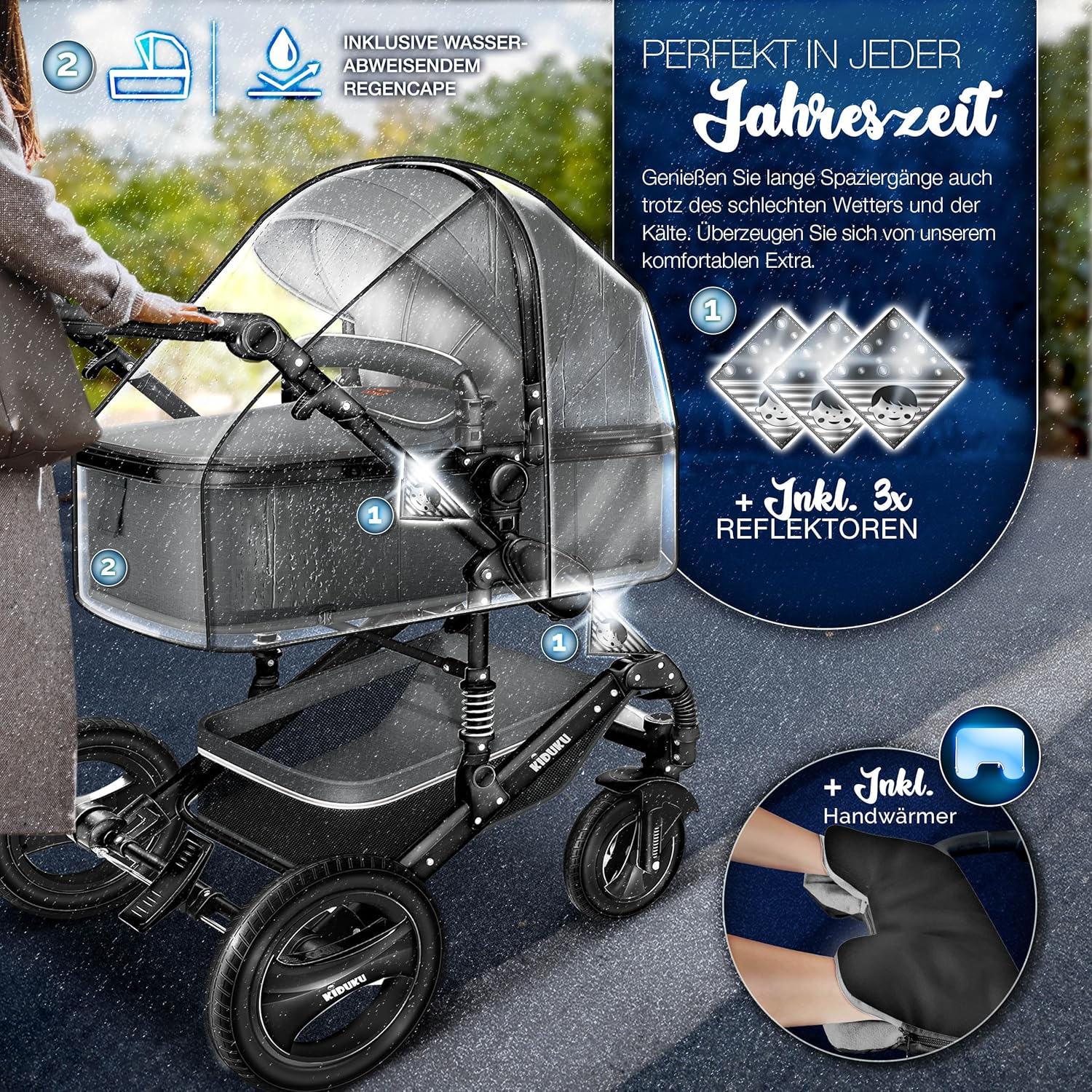KIDUKU® Set completo passeggino 3 in 1 | Set passeggino combinato con navicella e sedile sportivo passeggino e seggiolino auto ovetto sacco a pelo | Ruote in gomma piena borsa per il cambio scaldamani parapioggia tavolino ECE R129