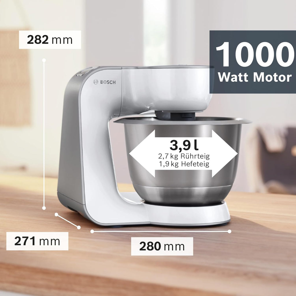 Bosch Robot da cucina Serie 4 MUM58720, ciotola in acciaio inox 3,9 L, frullatore 1,25 L, movimento planetario, gancio impastatore, frusta, frusta, tritacarne continuo, 3 dischi, 1000 W, rosso scuro/argento