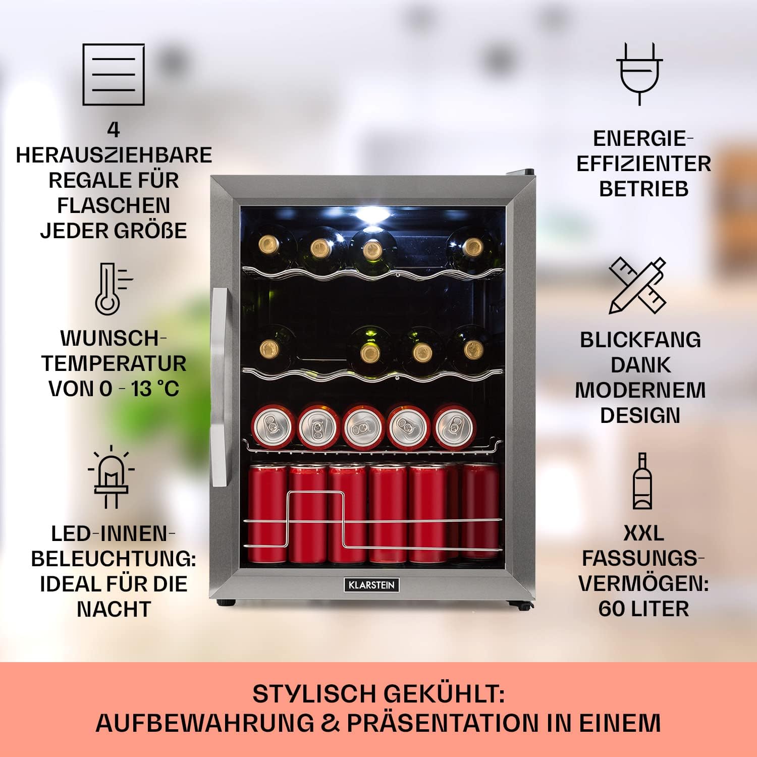 Klarstein Mini Kühlschrank mit Glastür für Zimmer, Getrnkekühlschrank mit Verstellbaren Ablagen, Kleiner 80 Liter, Indoor/Outdoor Kühlschrank Leise