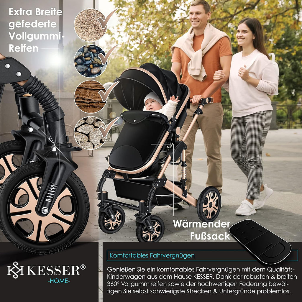 KESSER® Loops Passeggino Trio 3 in 1, Set Completo con Navicella, Seduta Passeggino e Seggiolino Auto Ovetto, Ruote in Gomma Piena, Borsa Fasciatoio, Parapioggia, Tavolino, ECE R129, Nero/Champagne