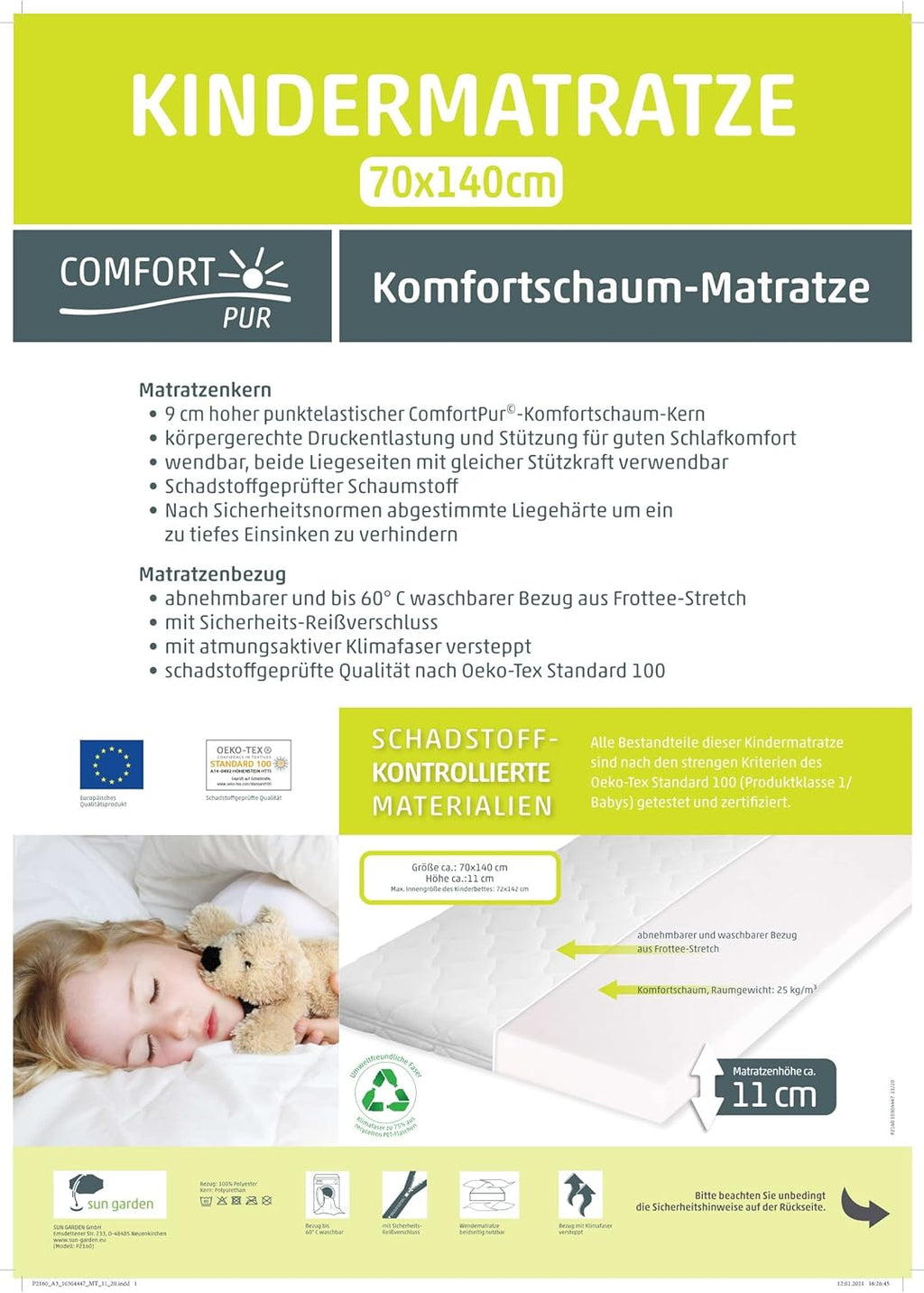 Sun Garden Kindermatratze 120x200 cm H3, Oeko Tex 100 Zertifiziert, Matratze für Kinderbett, Bezug waschbar, Optimale Matratze für Kinder, Bezug mit Klimafaser-Versteppung, Modell P1440 ComfortPur