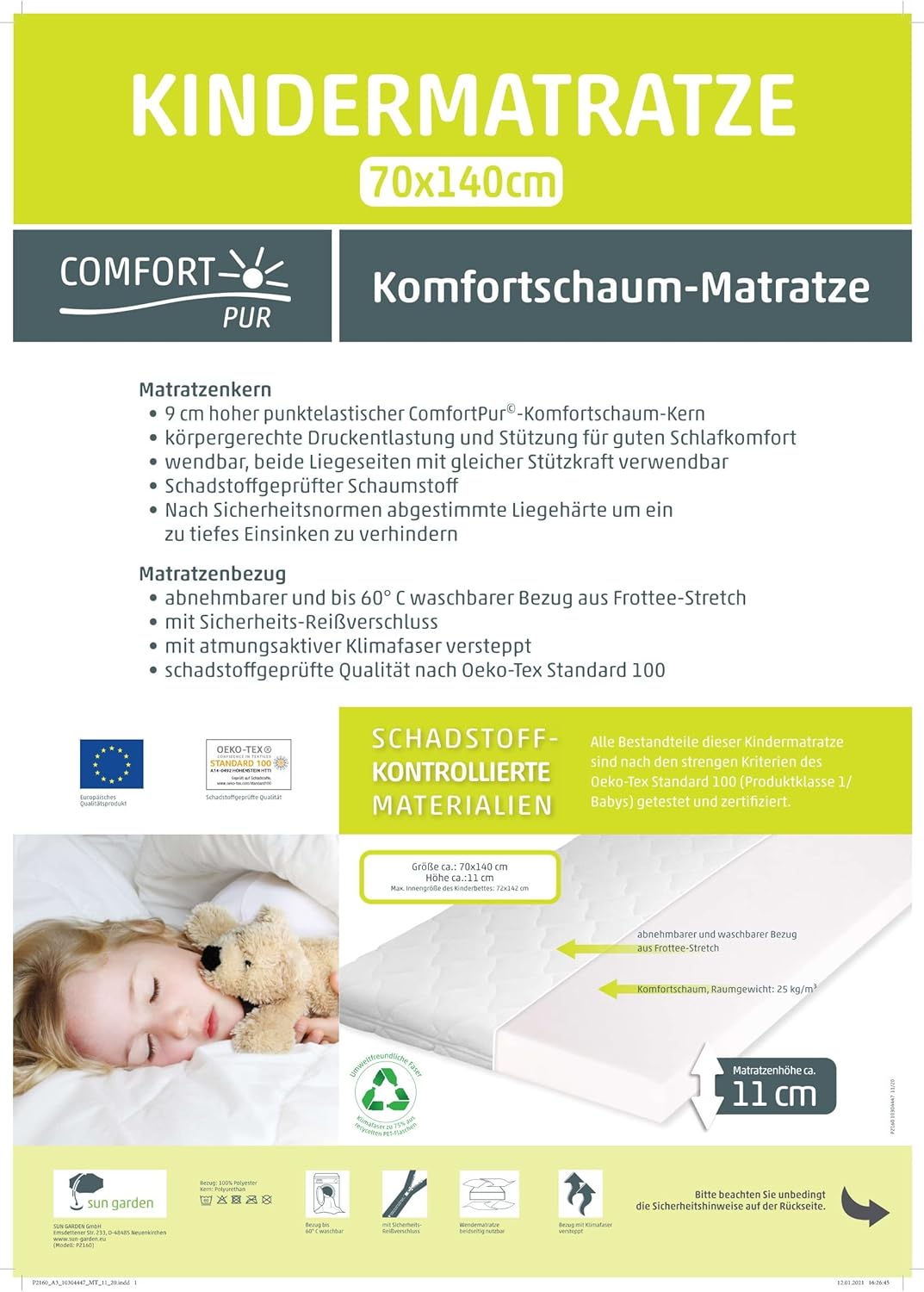 Sun Garden Kindermatratze 120x200 cm H3, Oeko Tex 100 Zertifiziert, Matratze für Kinderbett, Bezug waschbar, Optimale Matratze für Kinder, Bezug mit Klimafaser-Versteppung, Modell P1440 ComfortPur